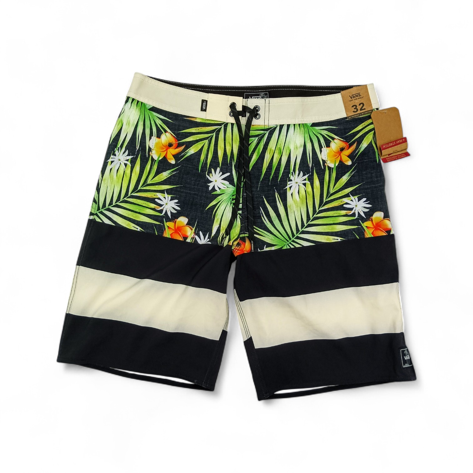 BOARDSHORTS TALLA 32 - COD33 - SWIMWER - NEGRO CREMA PALMAS
