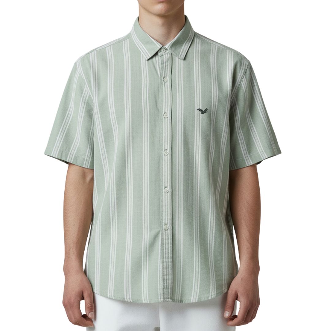 CAMISA MANGA CORTA | RAYAS | LINO / REGULAR F. | VD/BL | HOMBRE