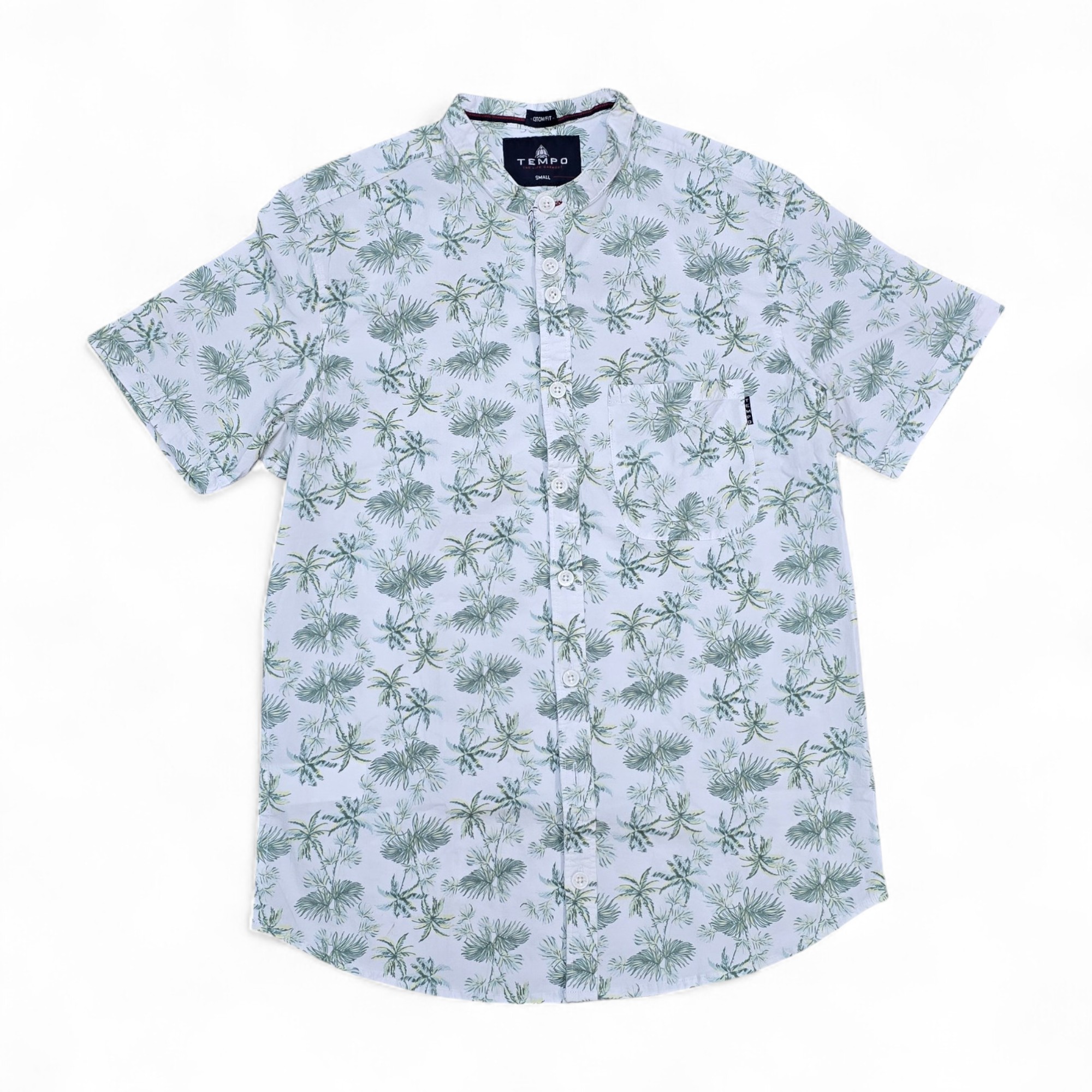 CAMISA MANGA CORTA TALLA 2XL - TEMPO - CUELLO CHINO / MAO - BLANCA/PALMITAS VERDES