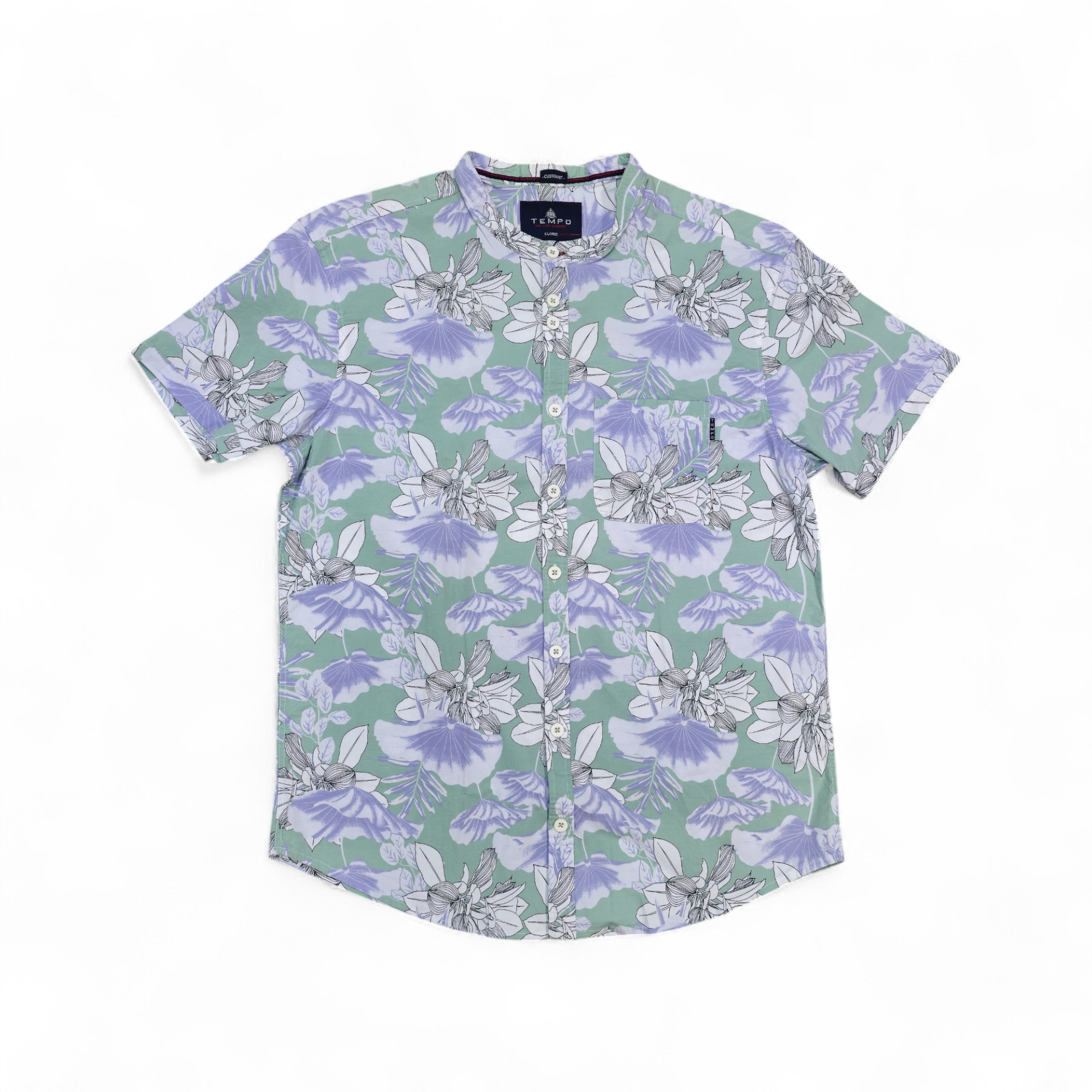 CAMISA MANGA CORTA TALLA 2XL - TEMPO - CUELLO CHINO / MAO - BLANCA/VERDE MENTA /LILA