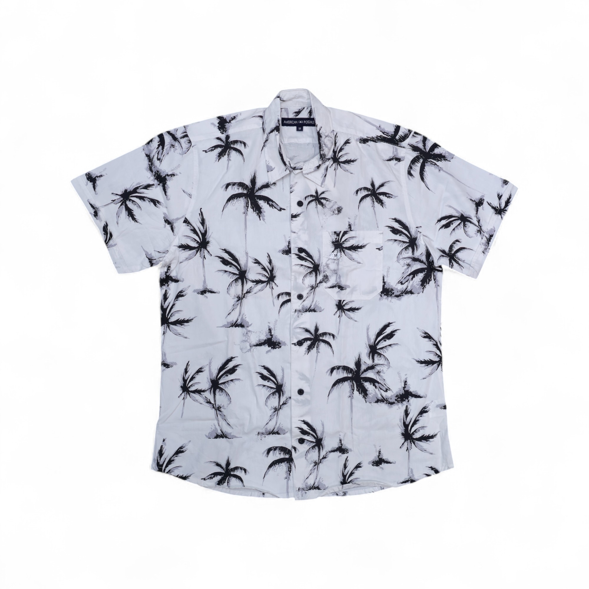 CAMISA MANGA CORTA TALLA L - AMERICAN POSTALE - CUELLO FRANCES -  BLANCA PALMAS NEGRAS