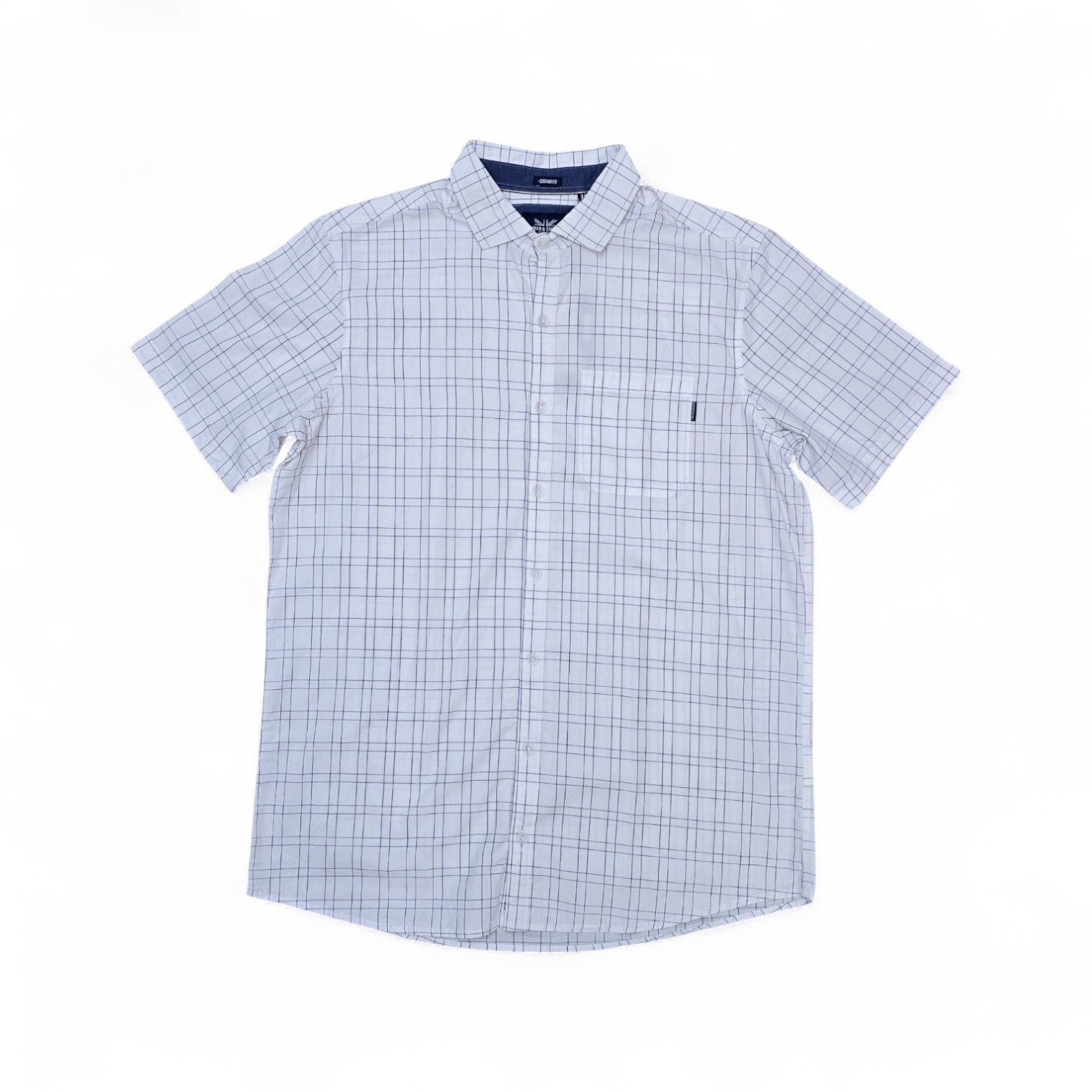 CAMISA MANGA CORTA TALLA L - CF - COD11 - GALLES CUSTOM FIT - CUELLO FRANCES BASIC  STYLE - BLANCO/ CUADROS AZUL MARINO