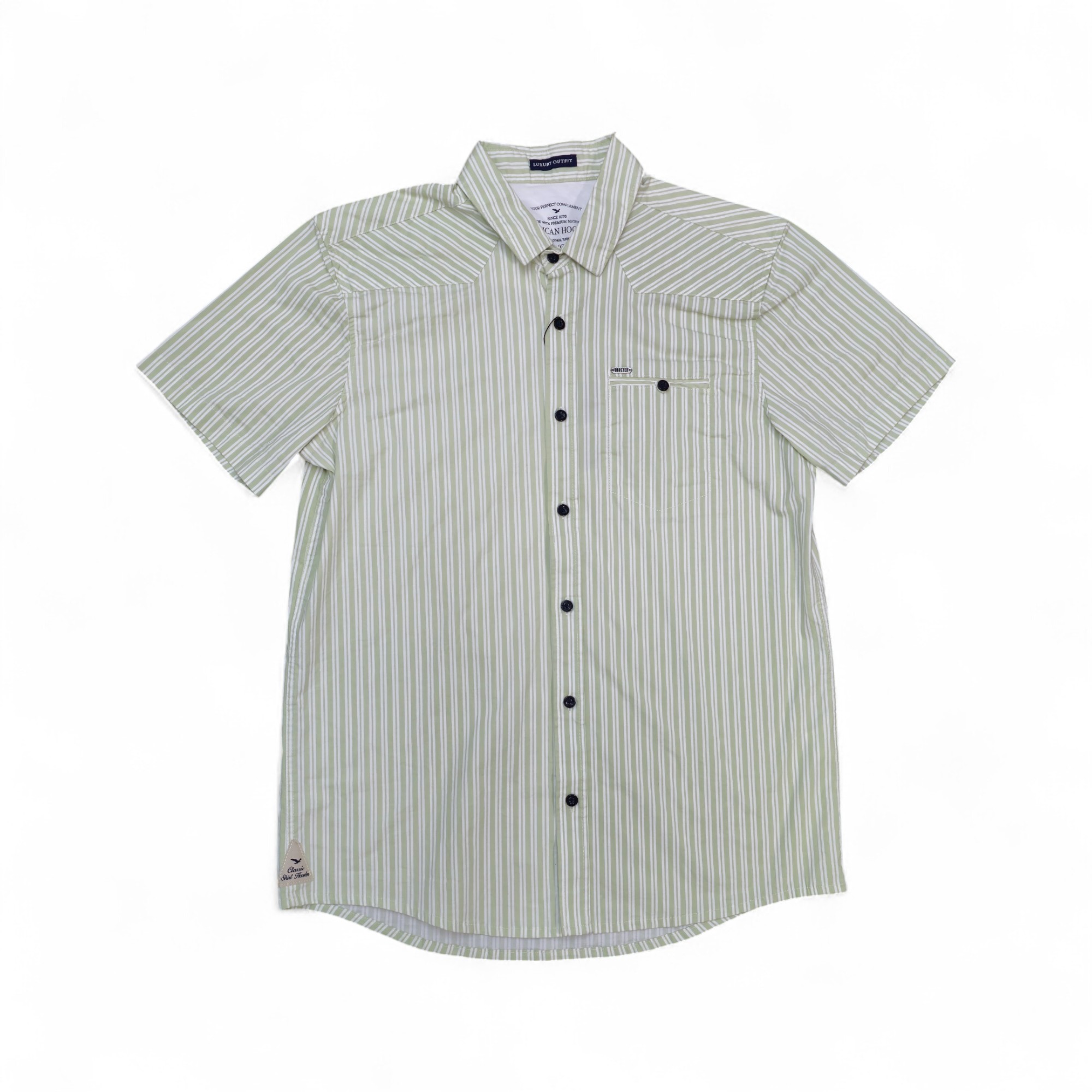 CAMISA MANGA CORTA TALLA L - HOOSTER - CUELLO FRANCES - VERDE/RAYAS BLANCAS