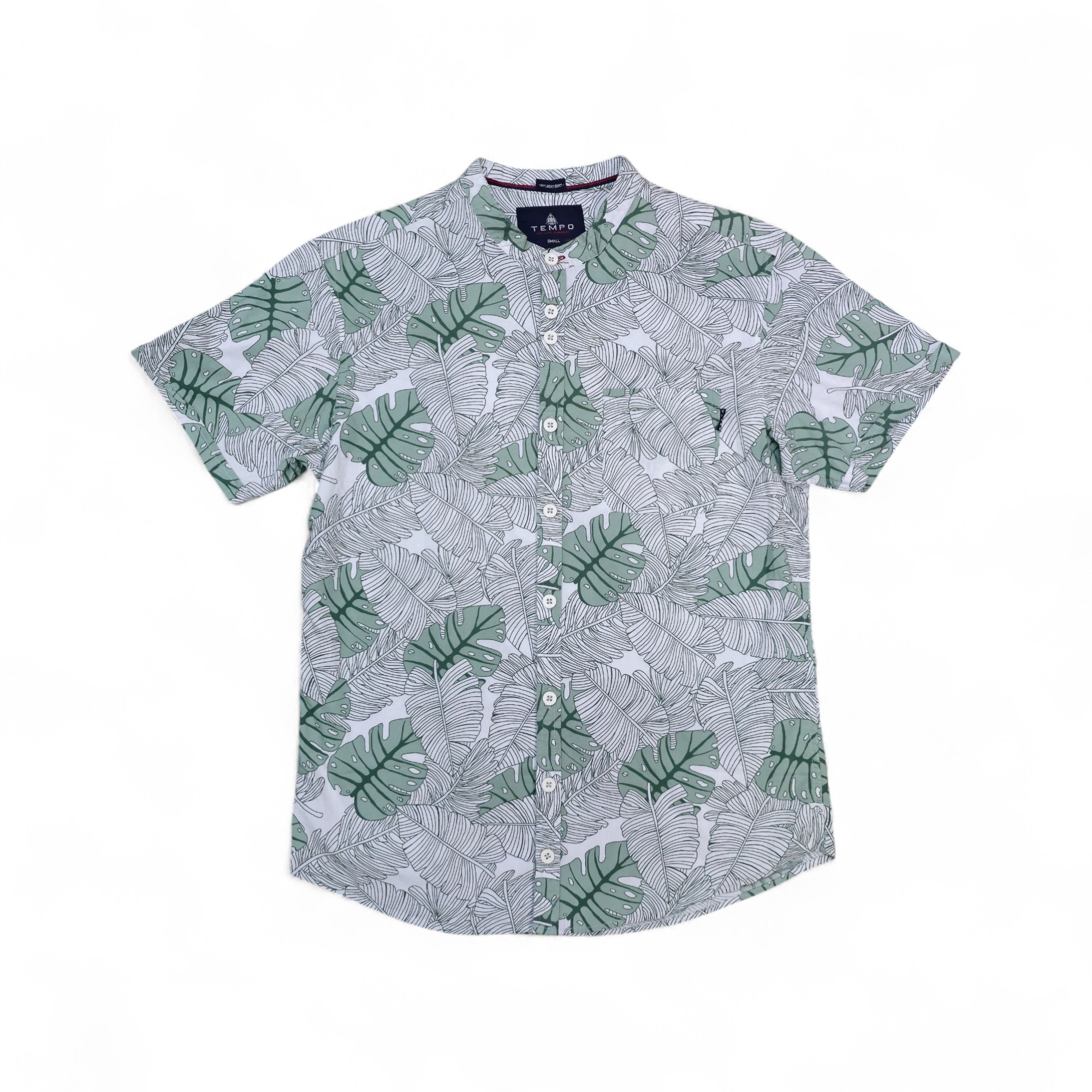 CAMISA MANGA CORTA TALLA L - TEMPO - CUELLO CHINO / MAO - VERDE/BLANCO