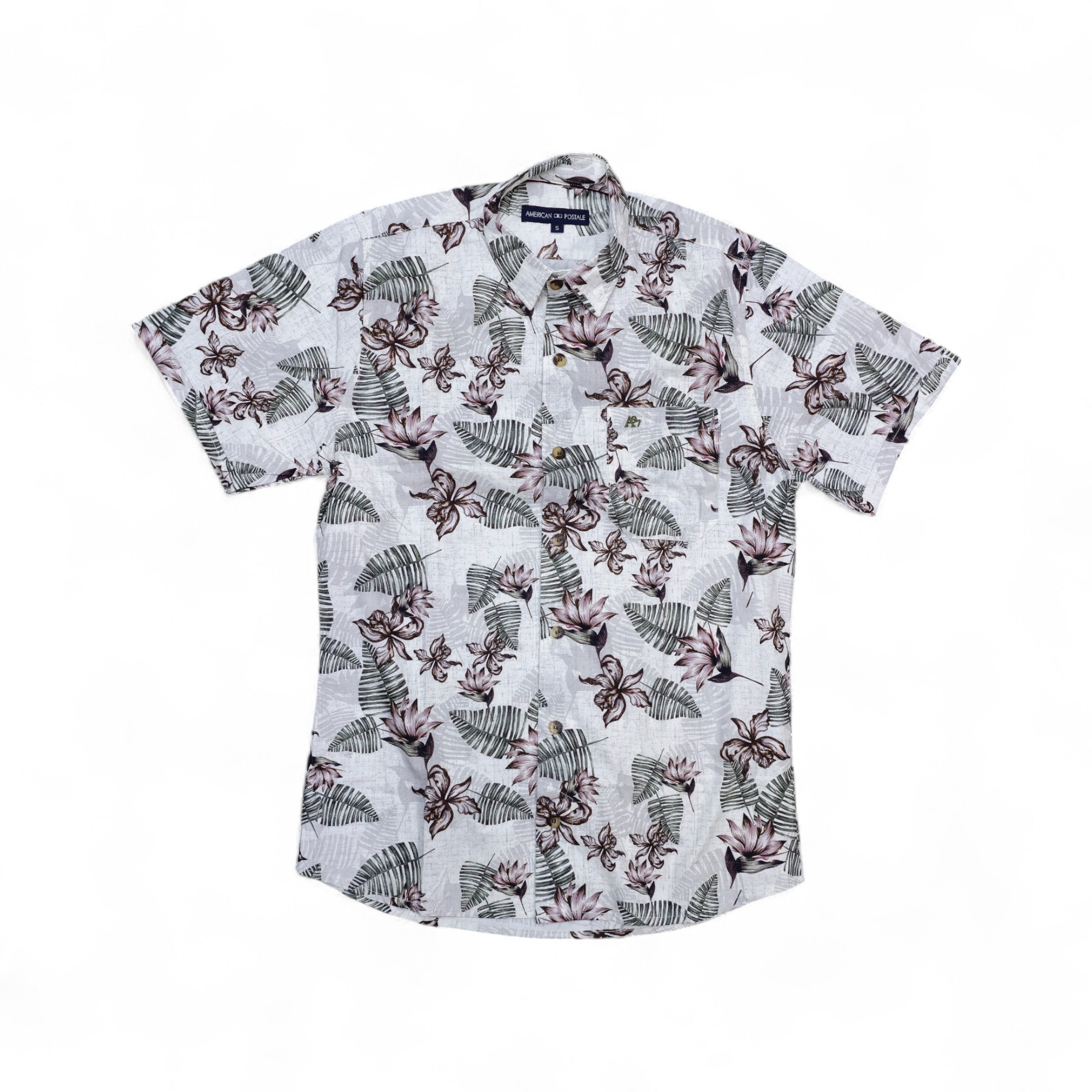 CAMISA MANGA CORTA TALLA M - AMERICAN POSTALE - CUELLO FRANCES - BEIGE FLORES