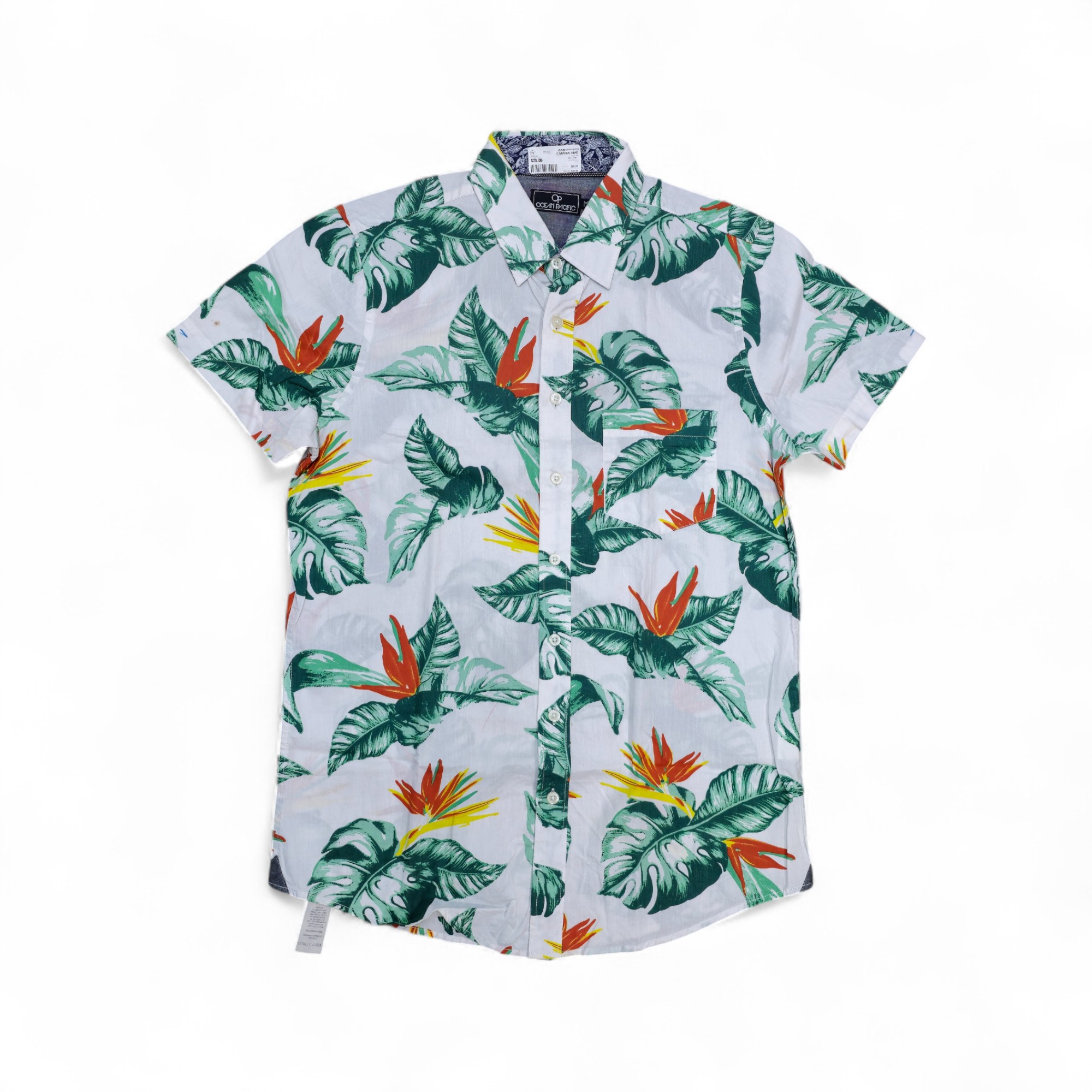 CAMISA MANGA CORTA TALLA M - OCEANO PACIFICO - CUELLO FRANCES - BLANCO/VERDE/NARANJA