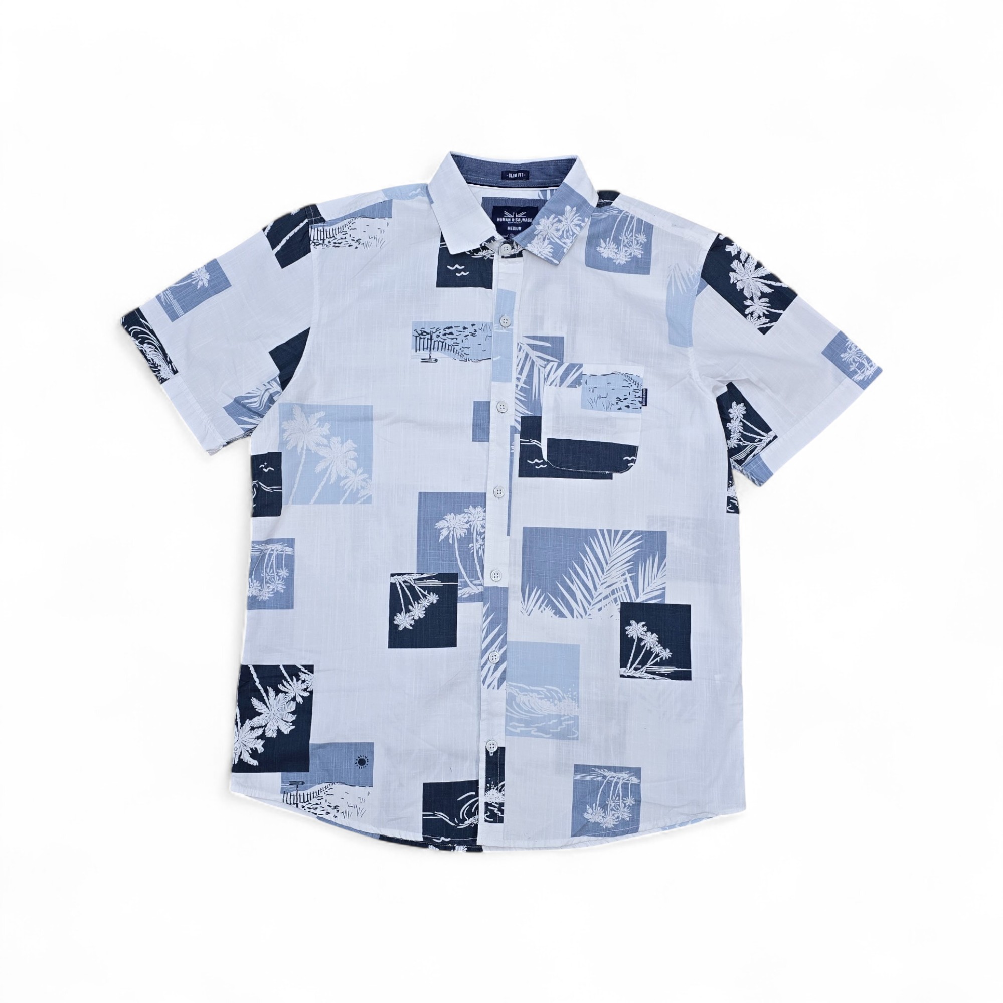 CAMISA MANGA CORTA TALLA M - RF - COD11 - KIWI FLAME - CUELLO FRANCES BASIC PRINT STYLE - BLANCO / CELESTE / AZUL