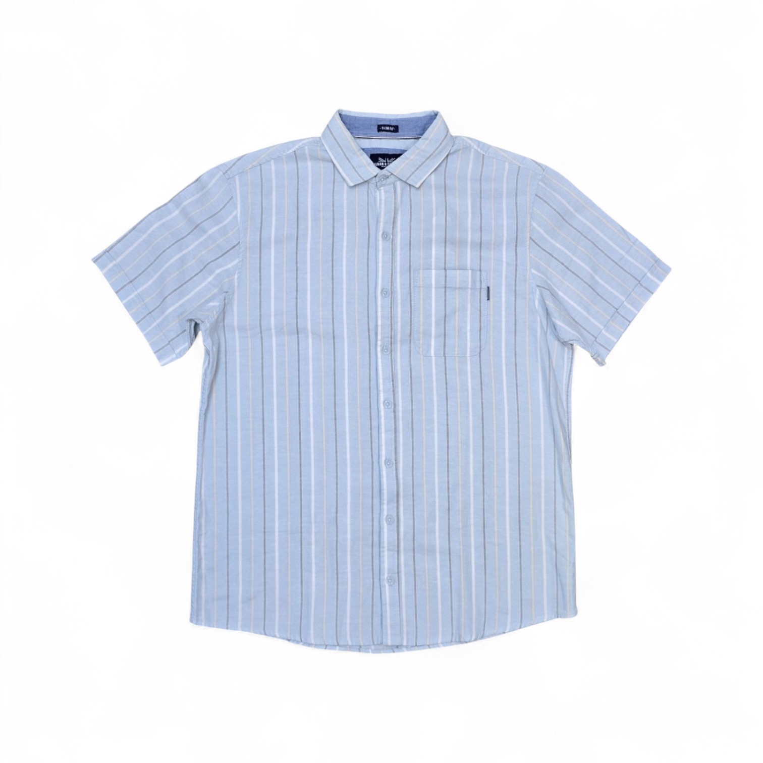 CAMISA MANGA CORTA TALLA M - RF - COD11 - OXFORDINE RAYAS - CUELLO FRANCES BASIC  STYLE - CELESTE / BEIGE/BLANCO