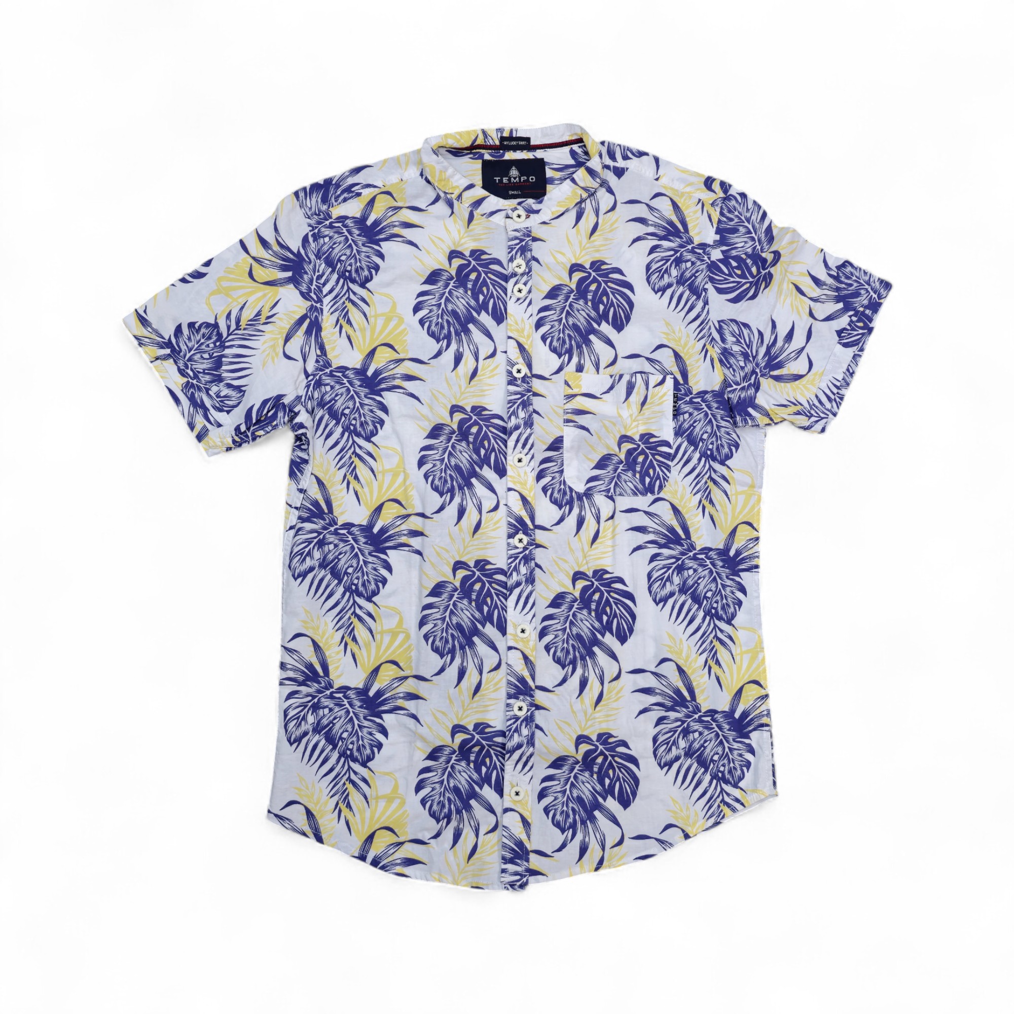 CAMISA MANGA CORTA TALLA M - TEMPO - CUELLO CHINO / MAO - BLANCO/AMARILLO/MORADO FLOREADA