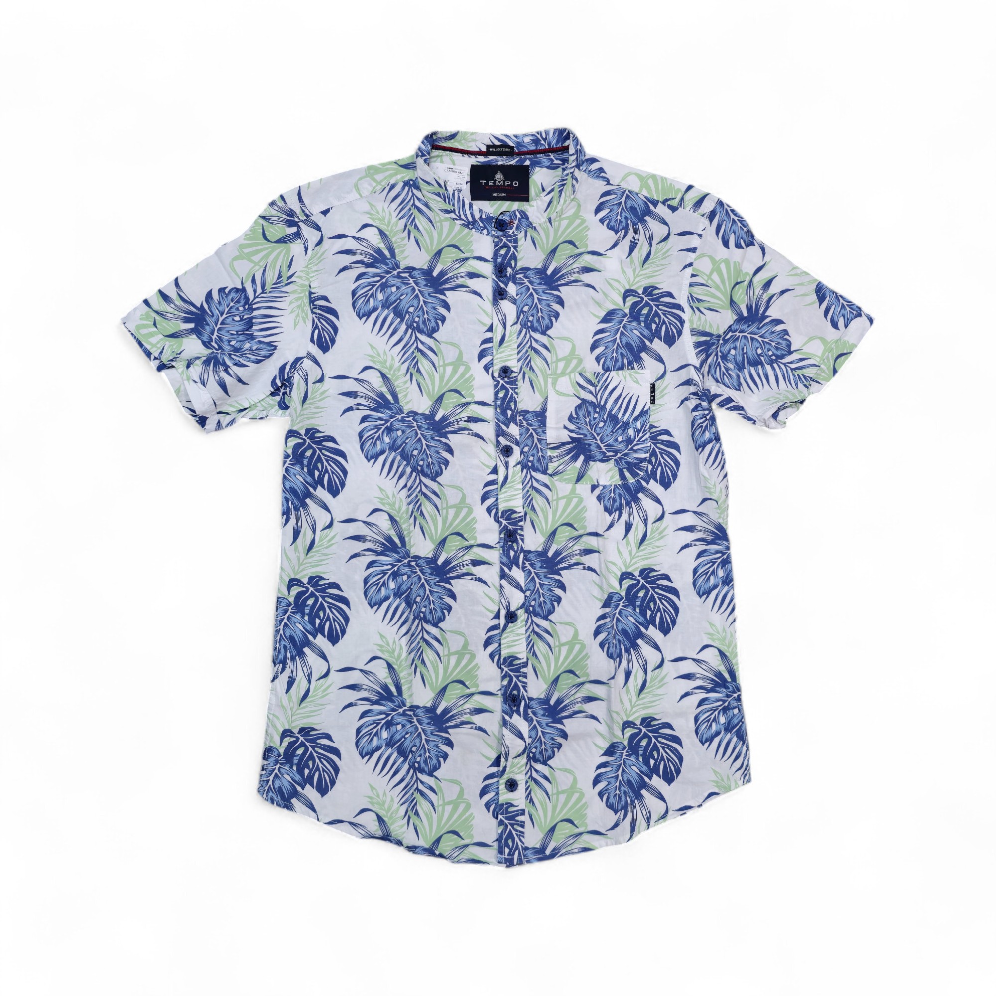 CAMISA MANGA CORTA TALLA M - TEMPO - CUELLO CHINO / MAO - VERDE/AZUL/PALMITAS/BLANCO