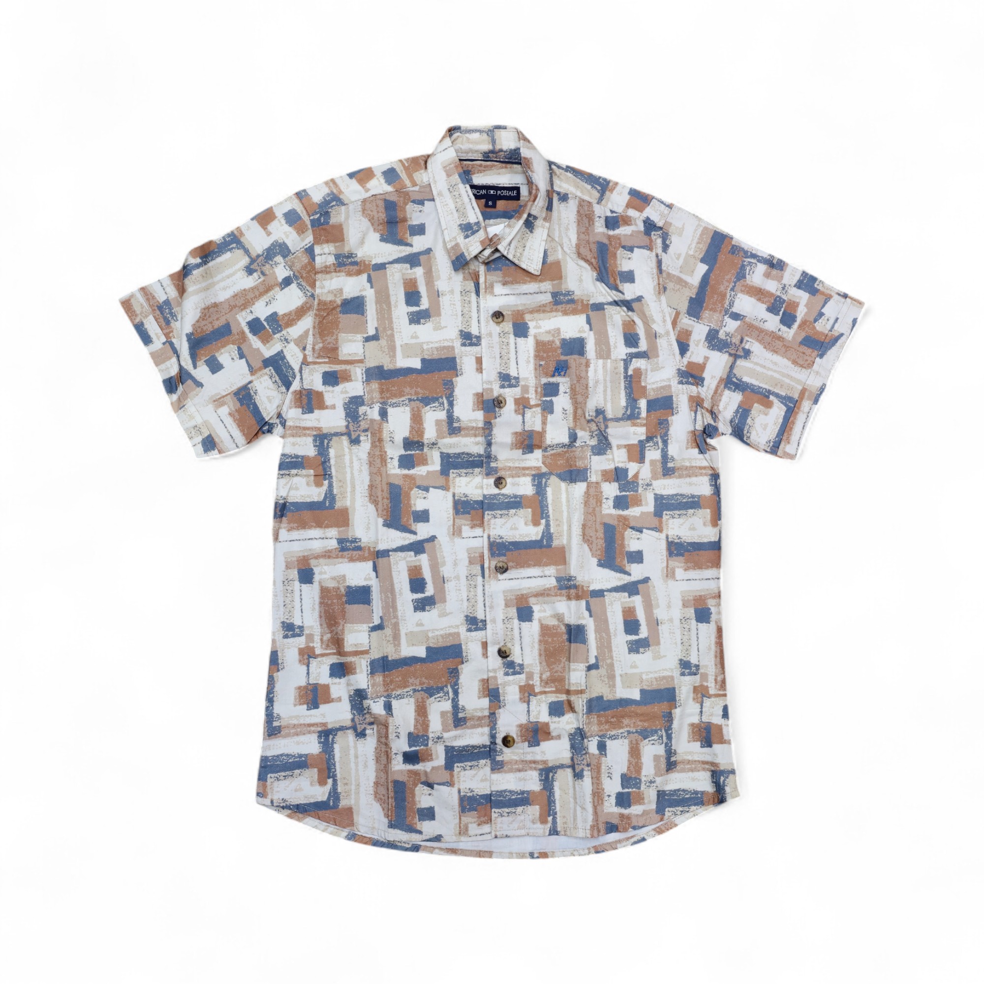 CAMISA MANGA CORTA TALLA S - AMERICAN POSTALE - CUELLO FRANCES - BEIGE/NARANJA/CELESTE