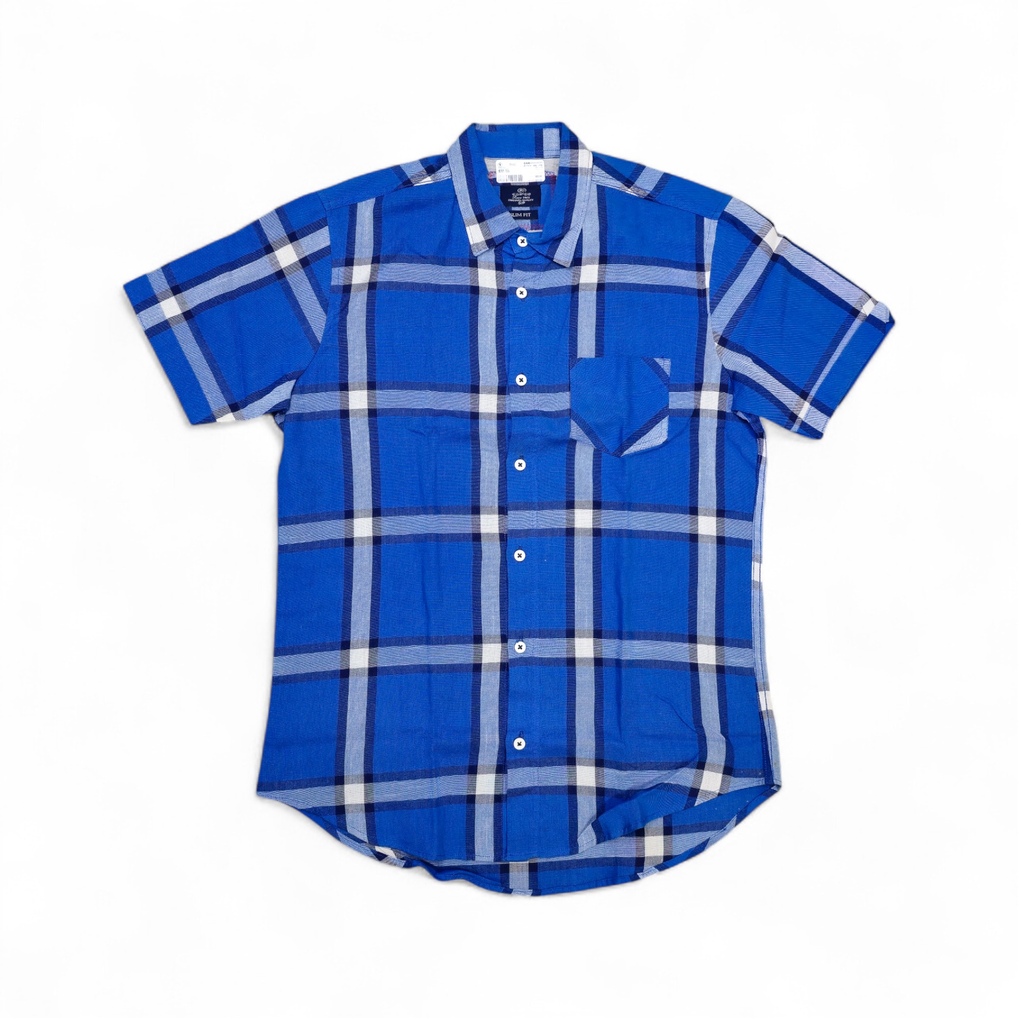 CAMISA MANGA CORTA TALLA S - EGIPCIO - CUELLO FRANCES - AZUL CUADROS BLANCO/AZUL MARINO