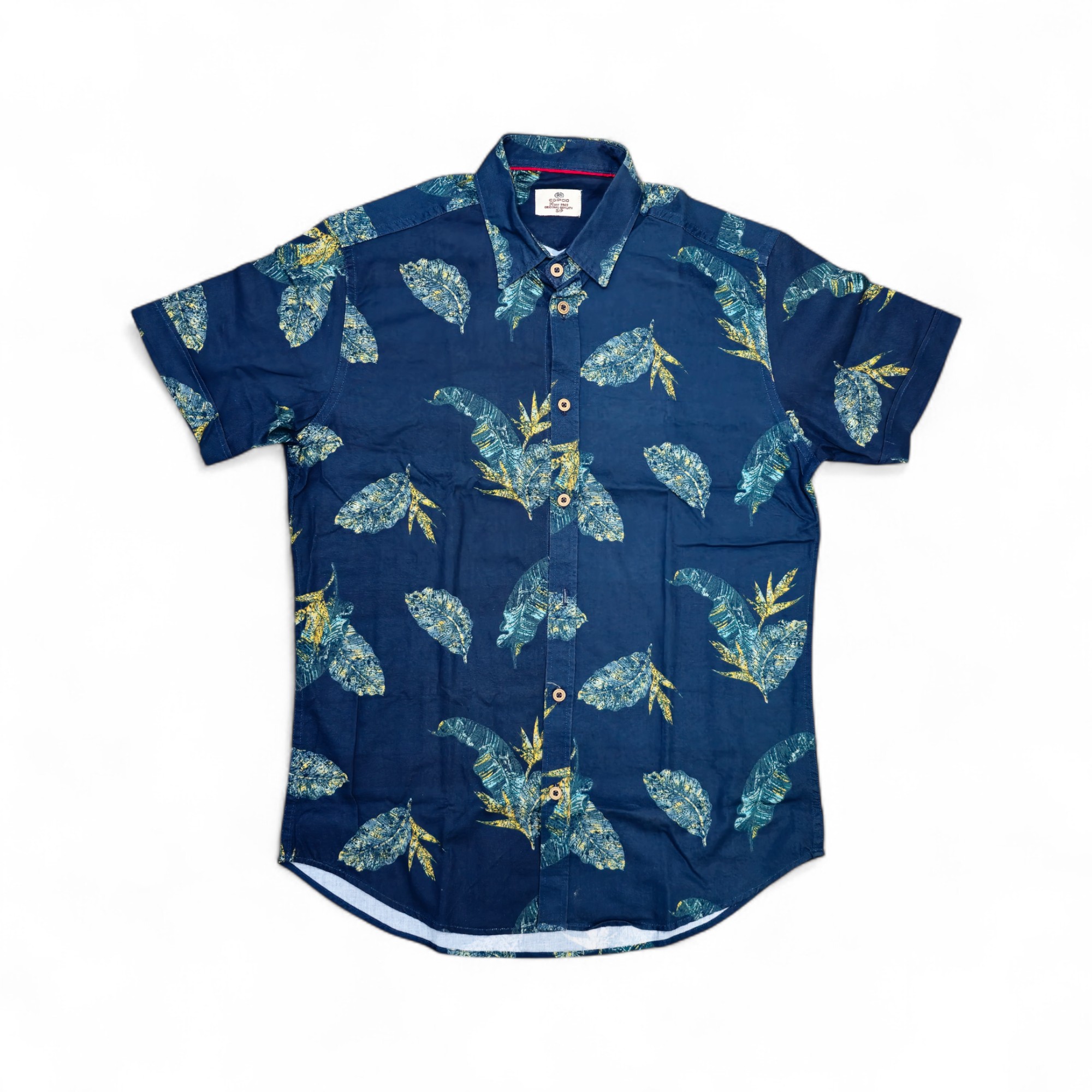 CAMISA MANGA CORTA TALLA S - EGIPCIO - CUELLO FRANCES - AZUL MARINO HOJAS VERDE/AMARILLO