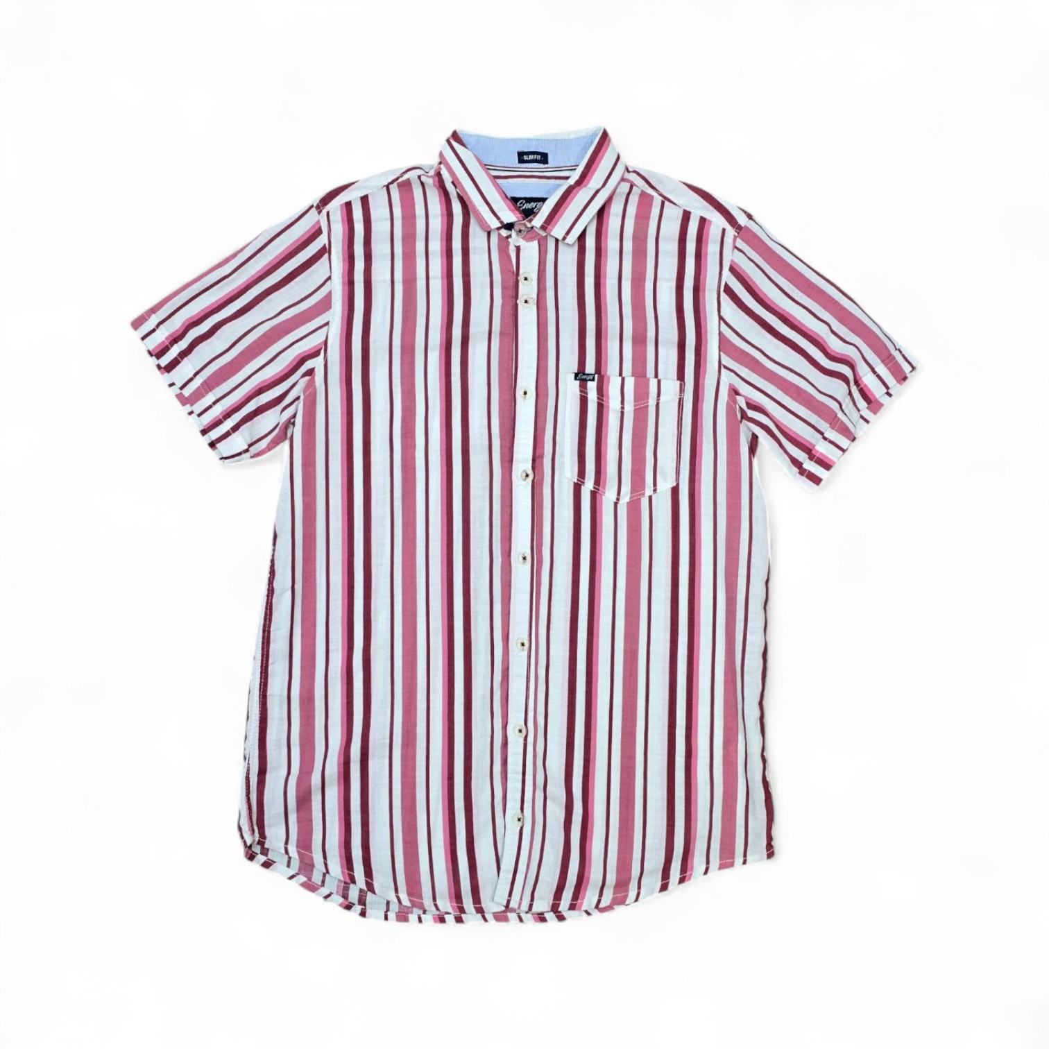CAMISA MANGA CORTA TALLA S - ENERGY - CUELLO FRANCES - RAYAS VINO/FUCSIA/BL