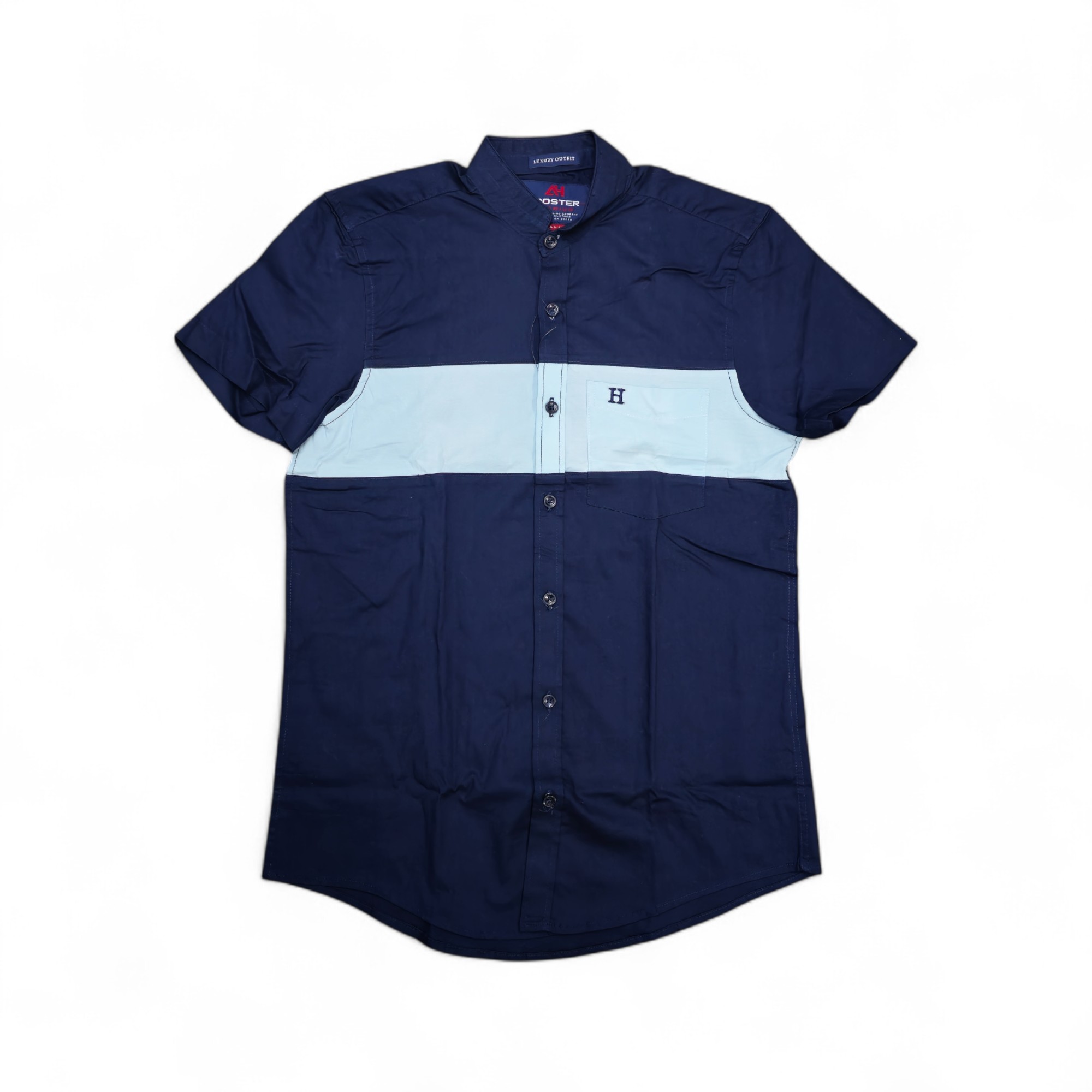 CAMISA MANGA CORTA TALLA S - HOOSTER - CUELLO CHINO / MAO - AZUL MARINO/CELESTE