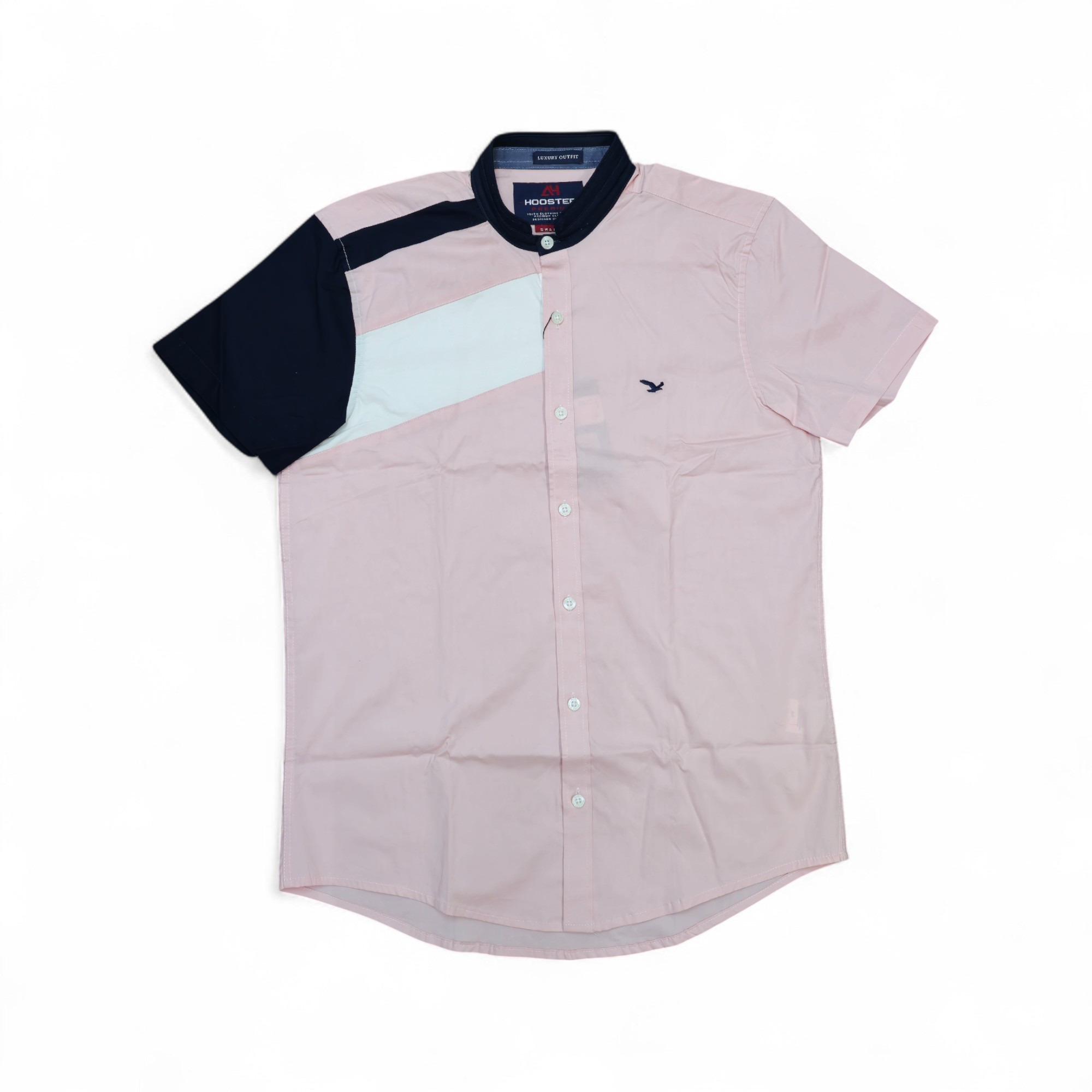 CAMISA MANGA CORTA TALLA S - HOOSTER - CUELLO CHINO / MAO - BLANCO/ROSADO/AZUL MARINO