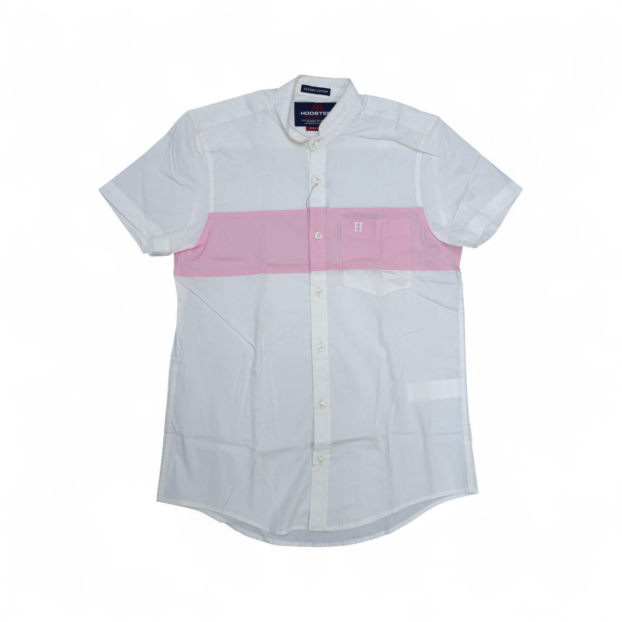 CAMISA MANGA CORTA TALLA S - HOOSTER - CUELLO CHINO / MAO - BLANCO/ROSADO