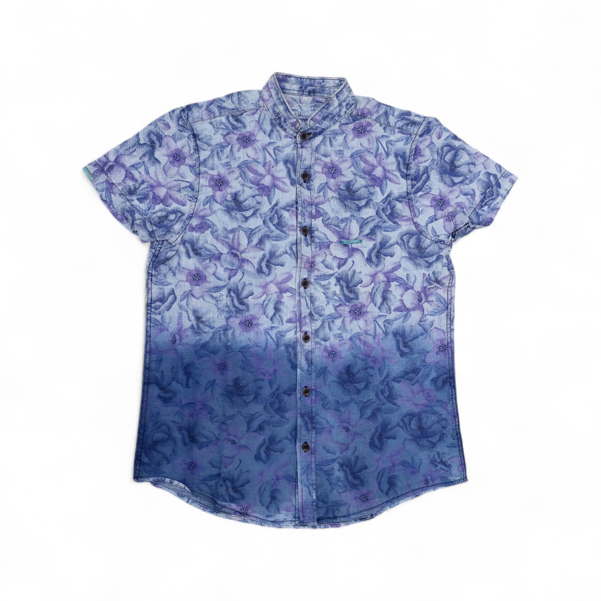 CAMISA MANGA CORTA TALLA S - HOOSTER - CUELLO CHINO / MAO - FLOREADA AZUL/MORADO