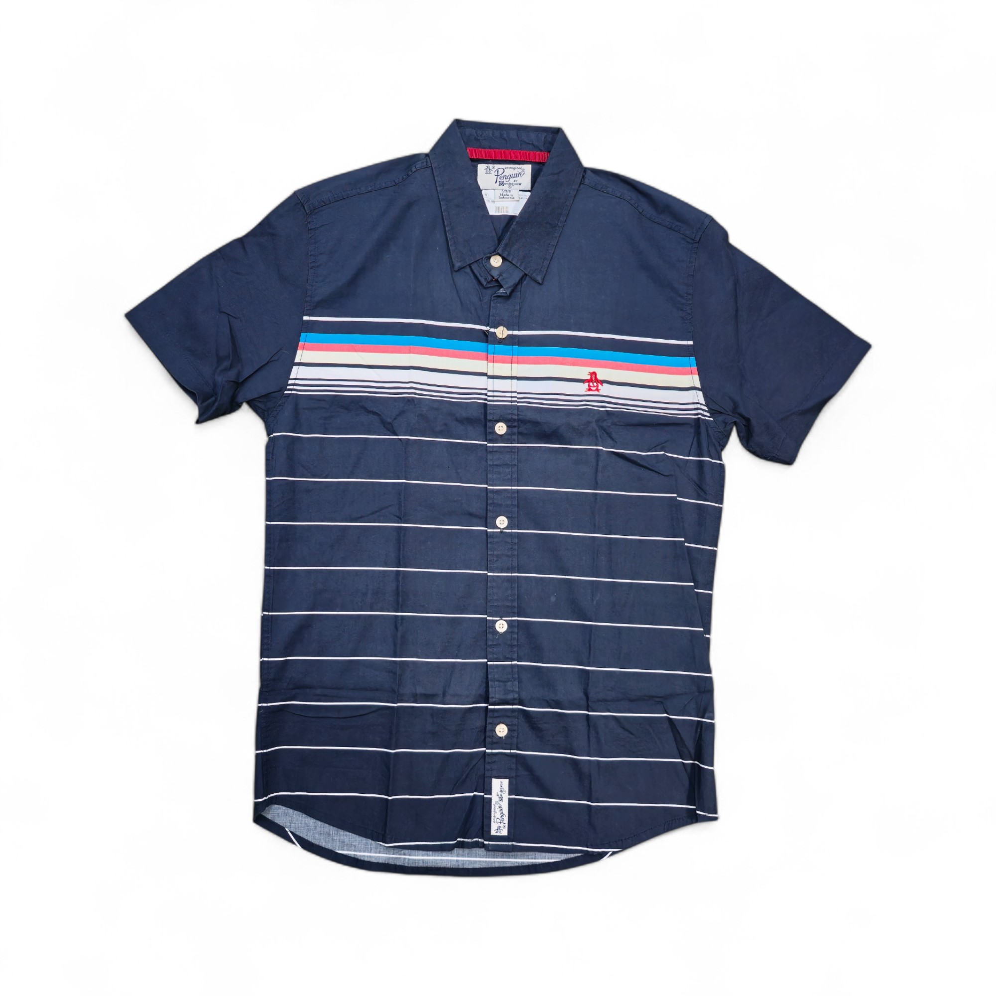 CAMISA MANGA CORTA TALLA S - PENGUIN - CUELLO FRANCES - AZUL MARINO/RAYAS