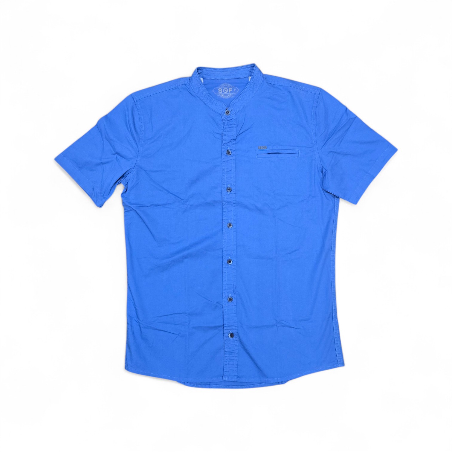 CAMISA MANGA CORTA TALLA S - COD36 - CUELLO CHINO/MAO - AZUL/BOLSILLO PERDIDO/IMP. 3D