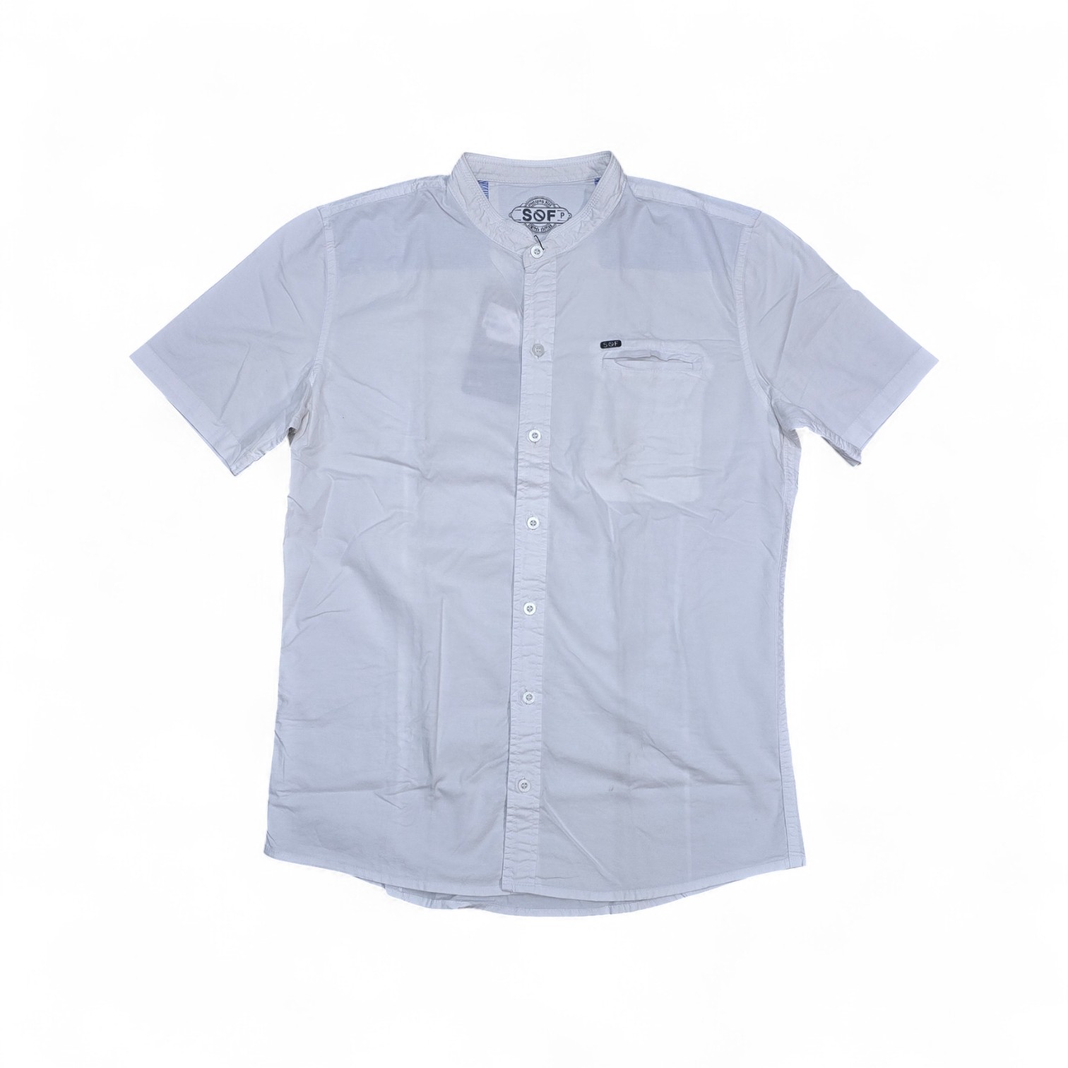 CAMISA MANGA CORTA TALLA S - COD36 - CUELLO CHINO/MAO - BLANCO/BOLSILLO PERDIDO/IMP. 3D
