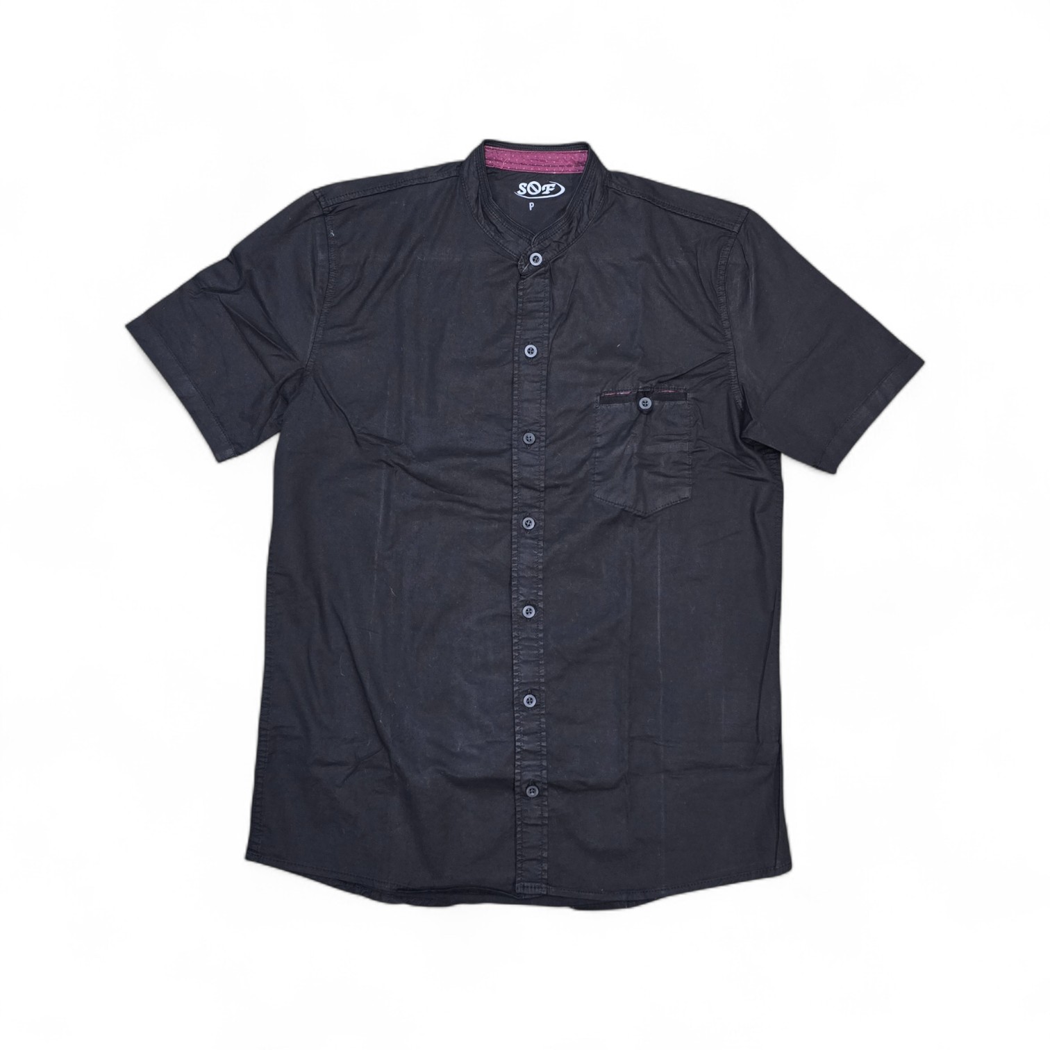 CAMISA MANGA CORTA TALLA S - COD36 - CUELLO CHINO/MAO - NEGRO/CONCHO VINO/BOLSILLO CON BOTON