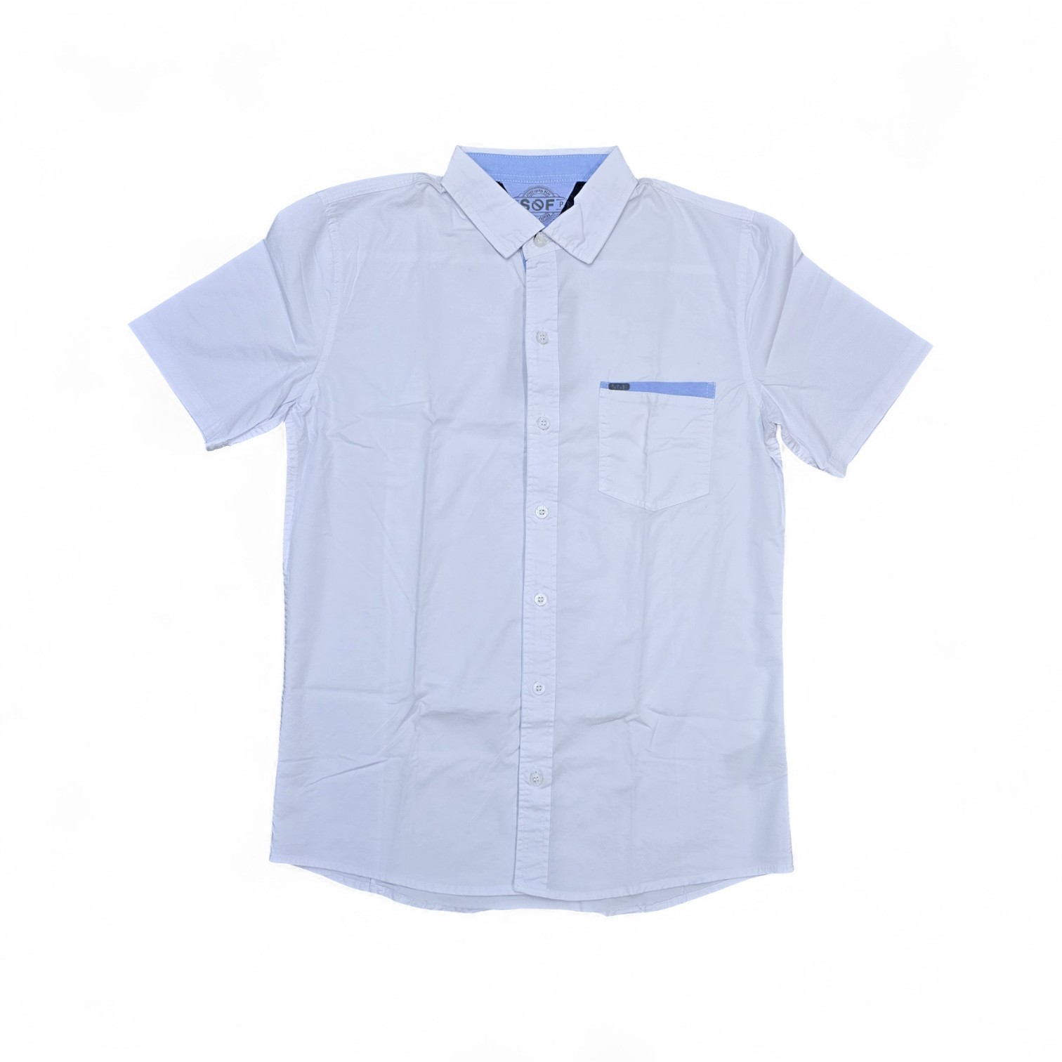 CAMISA MANGA CORTA TALLA S - COD36 - CUELLO FRANCES - BLANCO/CELESTE/BOLSILLO/IMP. 3D