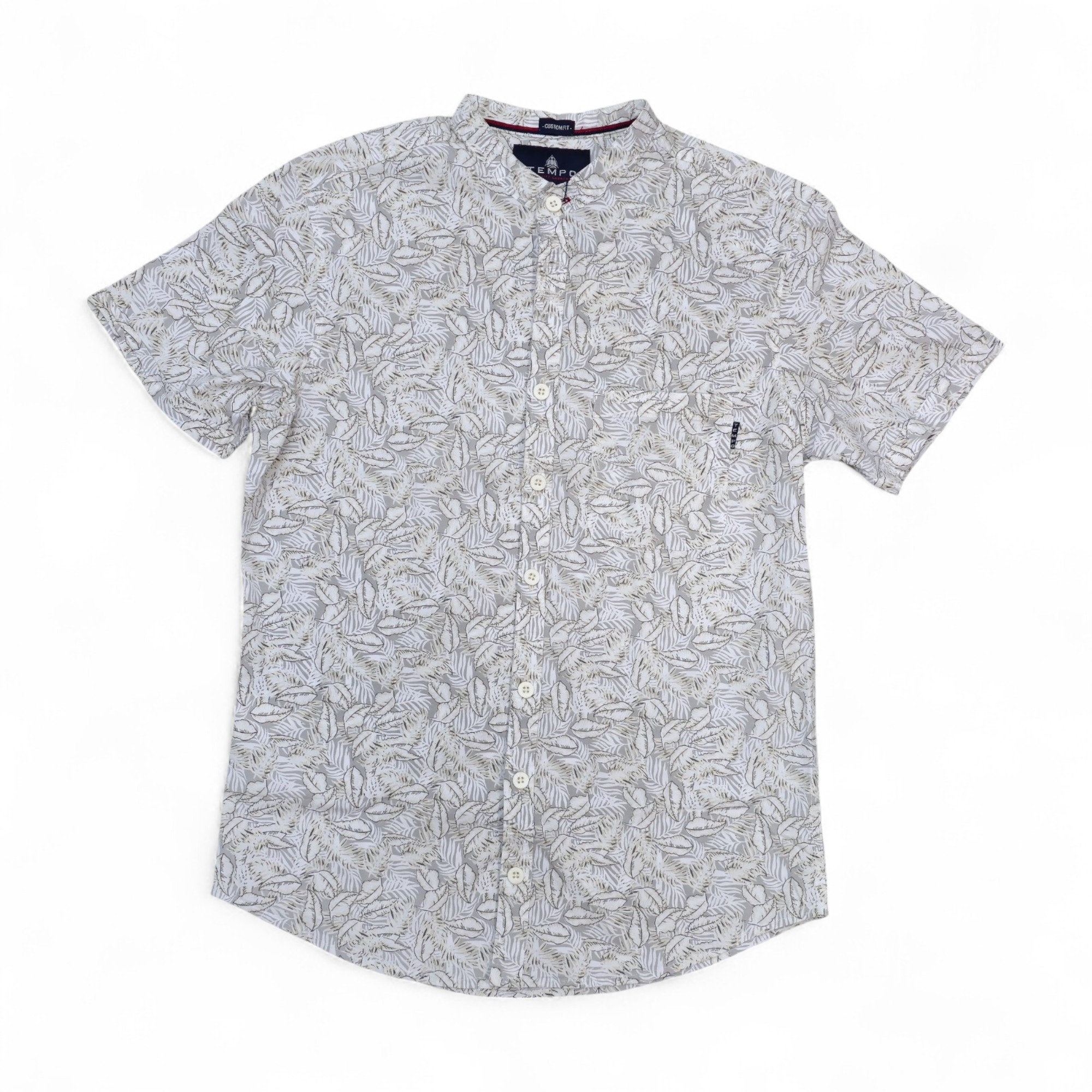 CAMISA MANGA CORTA TALLA S - TEMPO - CUELLO CHINO / MAO - BLANCO/BEIGE