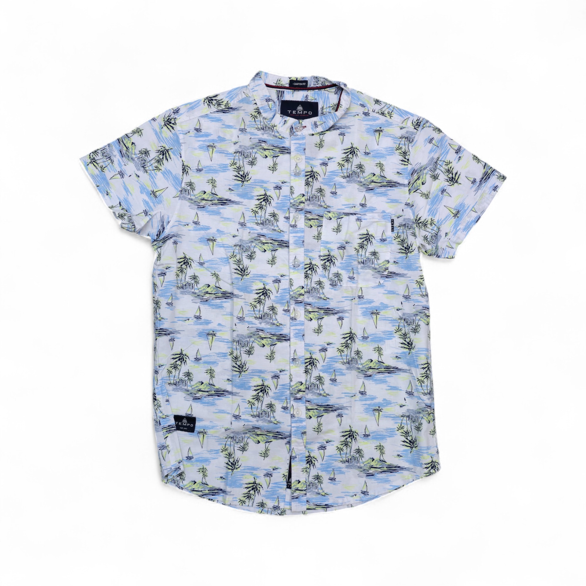 CAMISA MANGA CORTA TALLA S - TEMPO - CUELLO CHINO / MAO - BLANCO/CELESTE