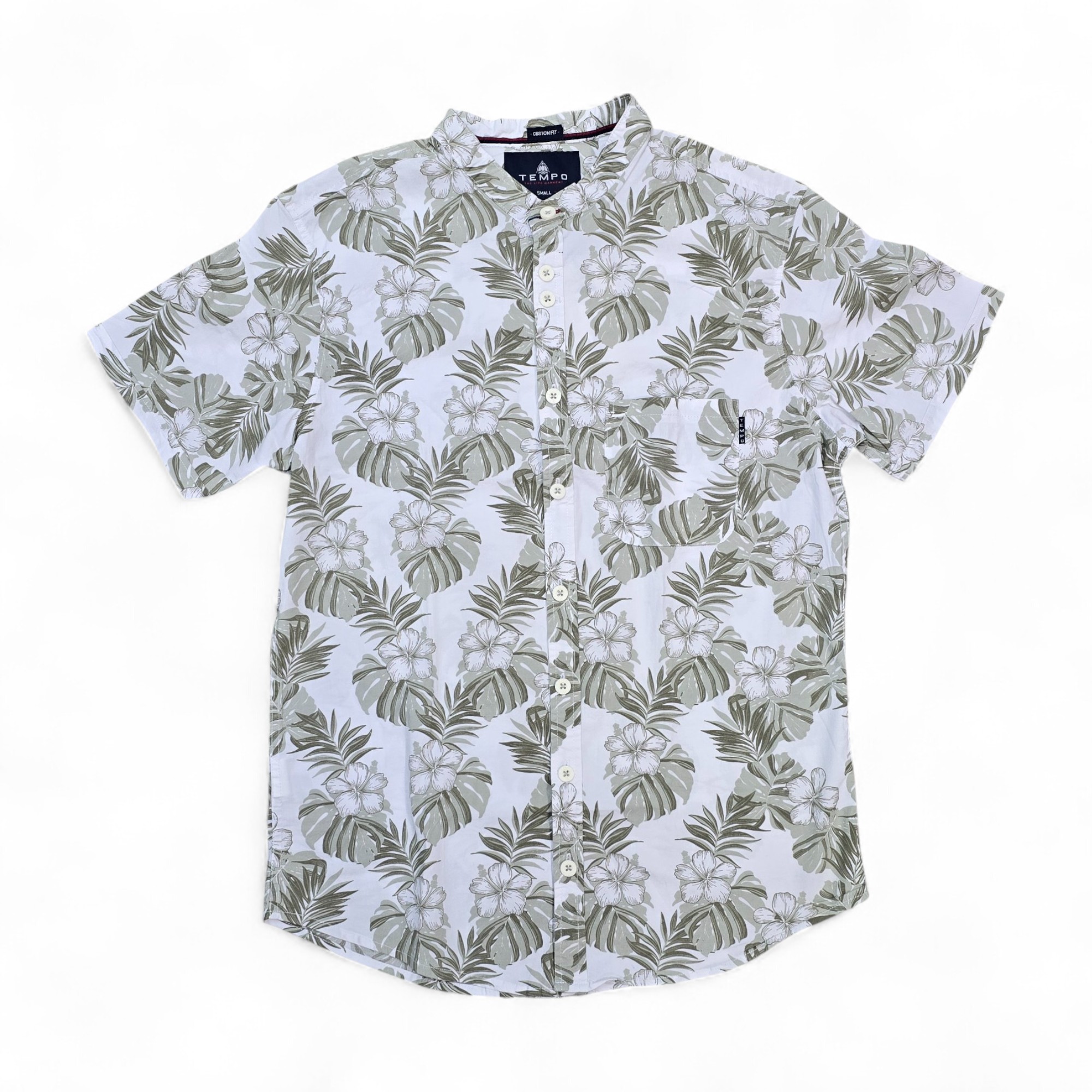 CAMISA MANGA CORTA TALLA S - TEMPO - CUELLO CHINO / MAO - BLANCO/CEMENTO FLOREADO