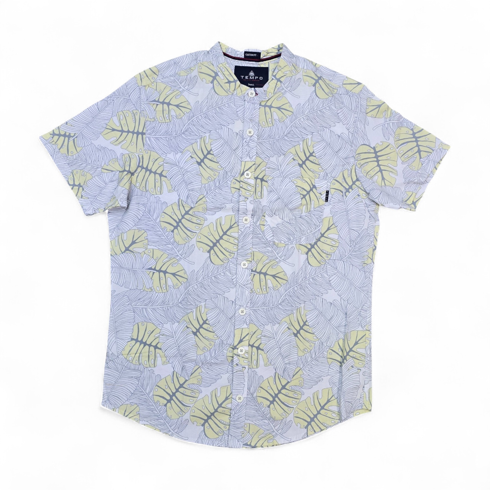 CAMISA MANGA CORTA TALLA S - TEMPO - CUELLO CHINO / MAO - BLANCO/HOJAS PLOMO/AMARILLO
