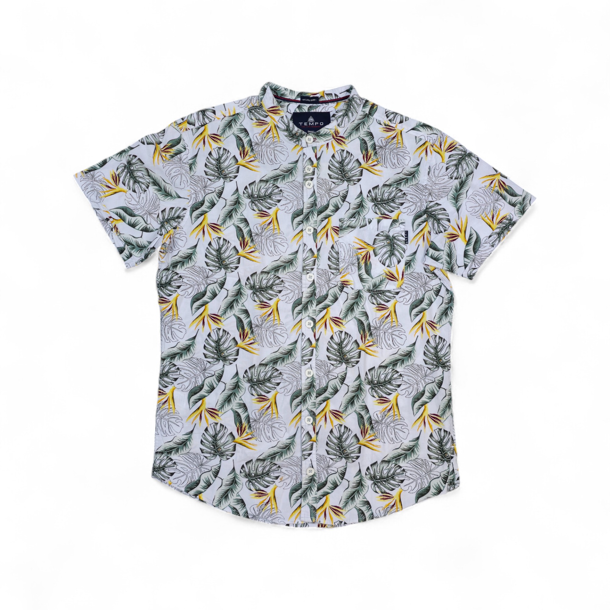 CAMISA MANGA CORTA TALLA S - TEMPO - CUELLO CHINO / MAO - BLANCO/VERDE/AMARILLO