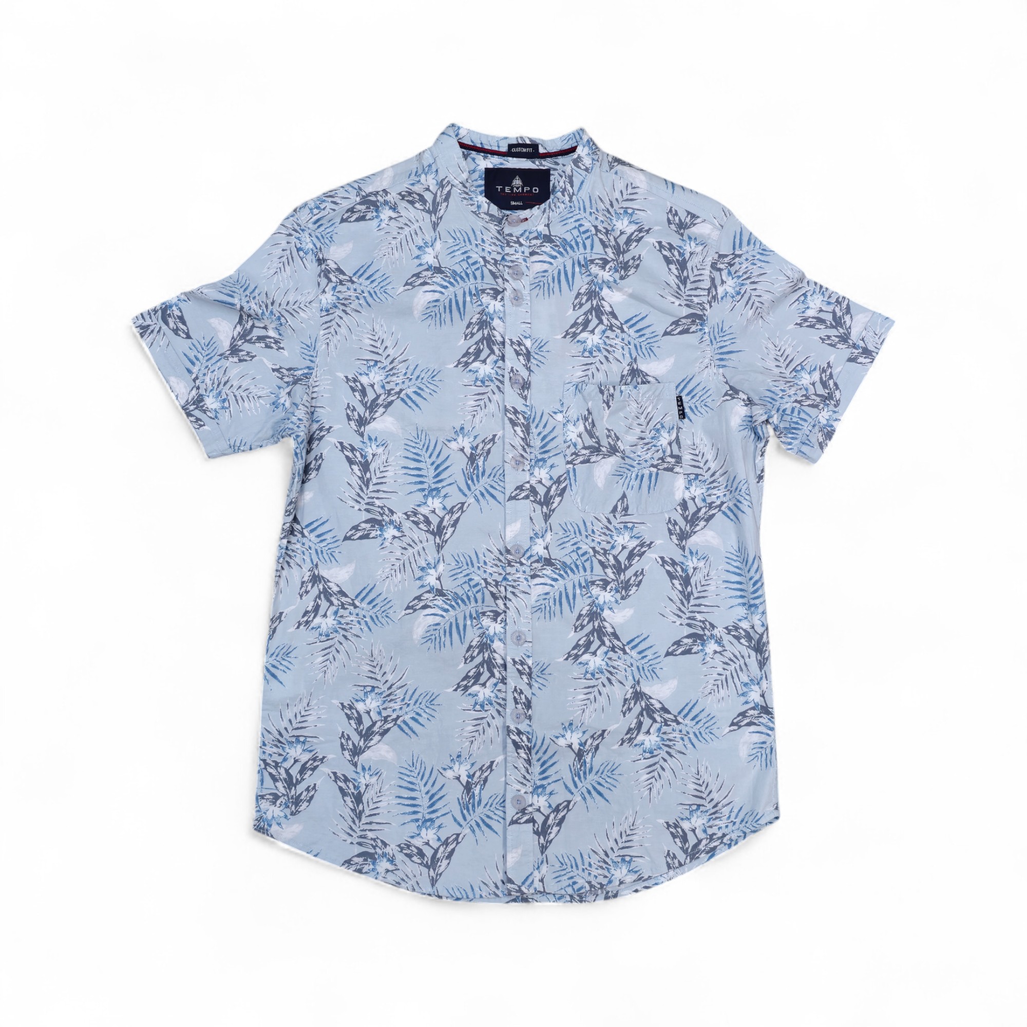 CAMISA MANGA CORTA TALLA S - TEMPO - CUELLO CHINO / MAO - CELESTE/PALMITAS/BLANCO/CELESTE/AZUL