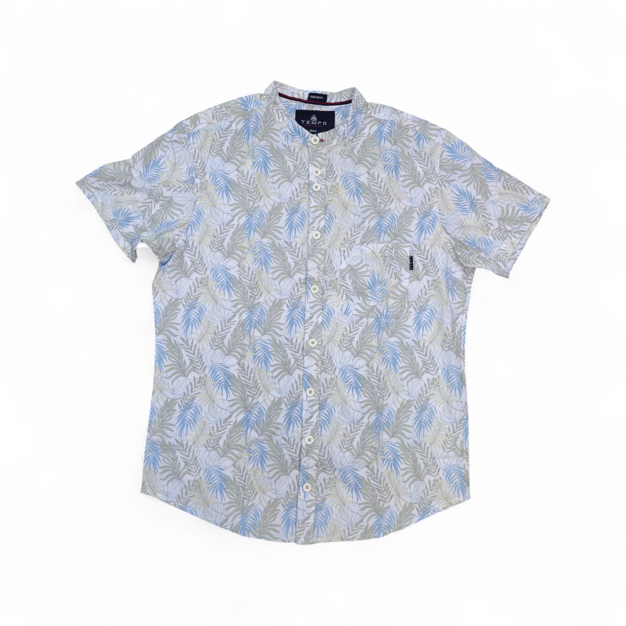 CAMISA MANGA CORTA TALLA S - TEMPO - CUELLO CHINO / MAO - PALMITAS AMARILLO/CELESTE