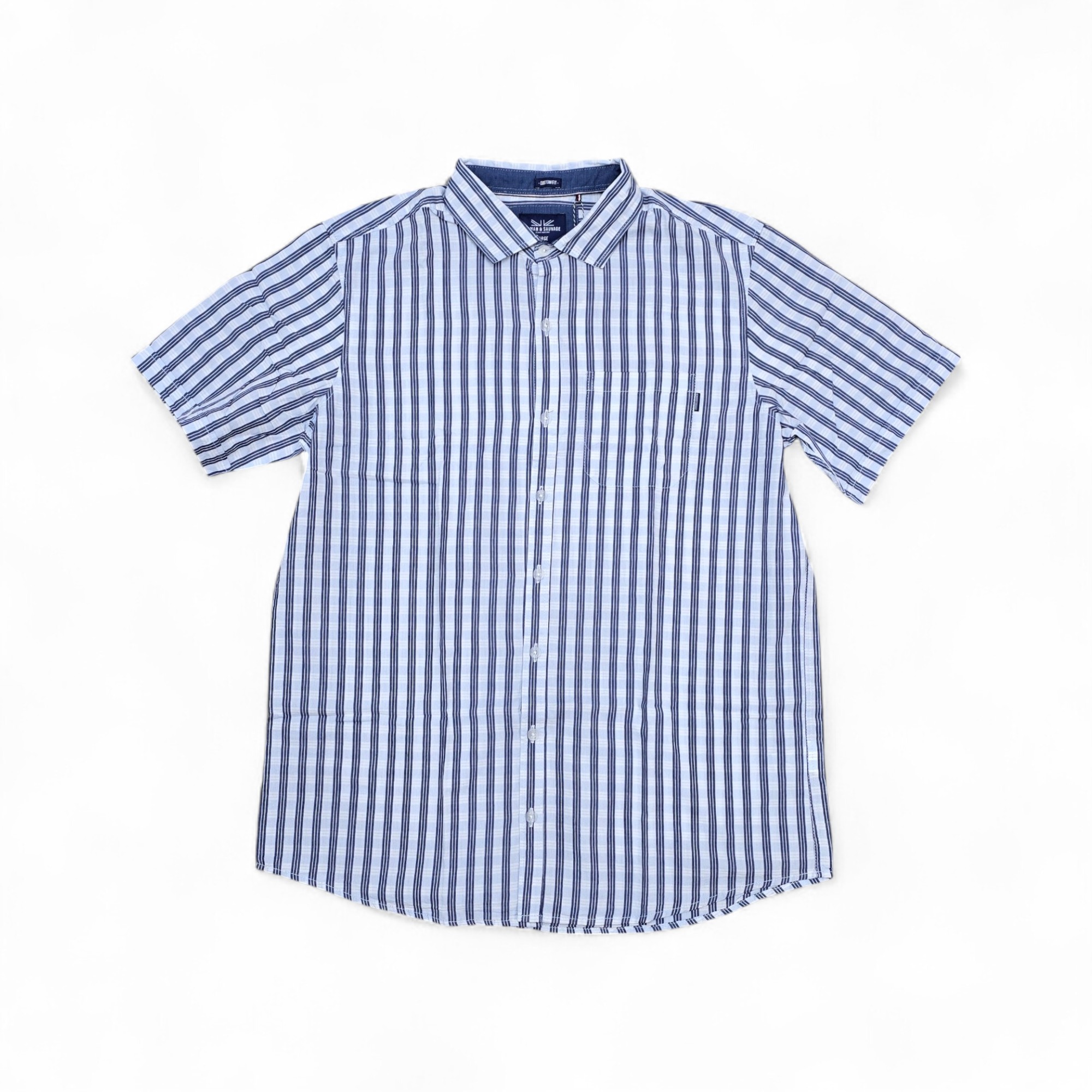 CAMISA MANGA CORTA TALLA XL - RF - COD11 - CAPRI CUSTON FIT - CUELLO FRANCES BASIC  STYLE - RAYAS AZUL JEANS / CELESTE