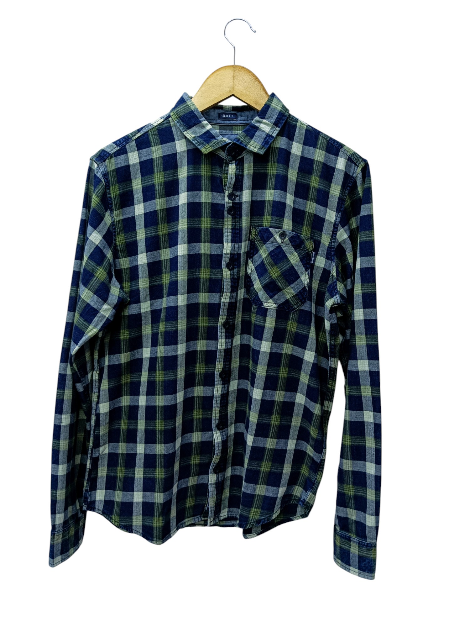 CAMISA MANGA LARGA TALLA 2XL - HUM11 - CUELLO FRANCES - AZUL MARINO/VERDE/BLANCO/BOLSILLO CON BOTON