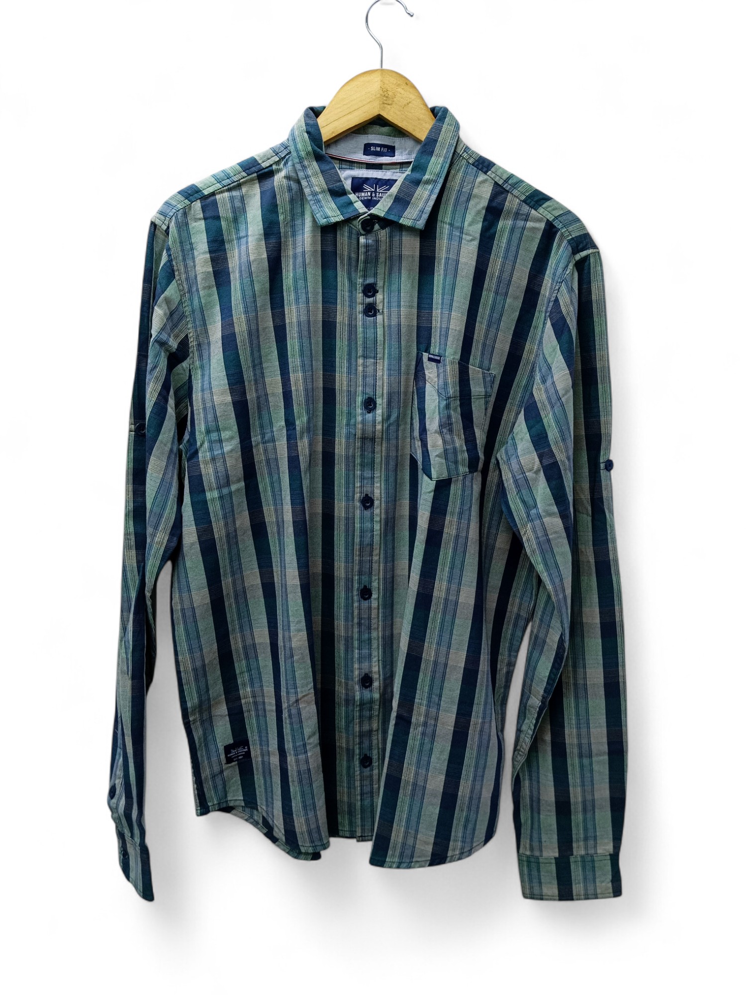 CAMISA MANGA LARGA TALLA 2XL - HUM11 - CUELLO FRANCES - CUADROS - VERDE TURQUESA / VERDE /BEIGE