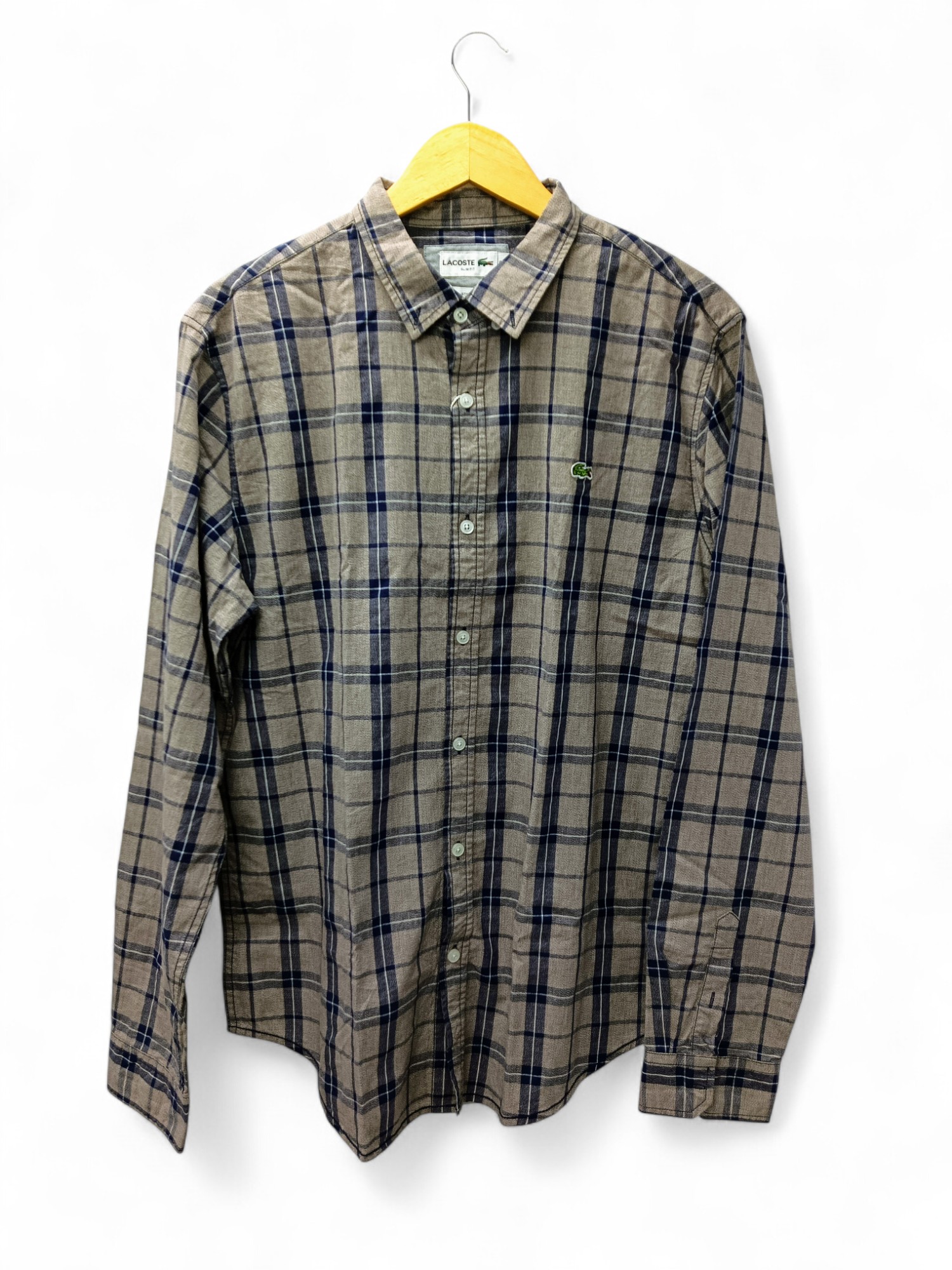 CAMISA MANGA LARGA TALLA 2XL - LACOSTE (GNL) - CAFE CLARO / AZUL / CUADROS