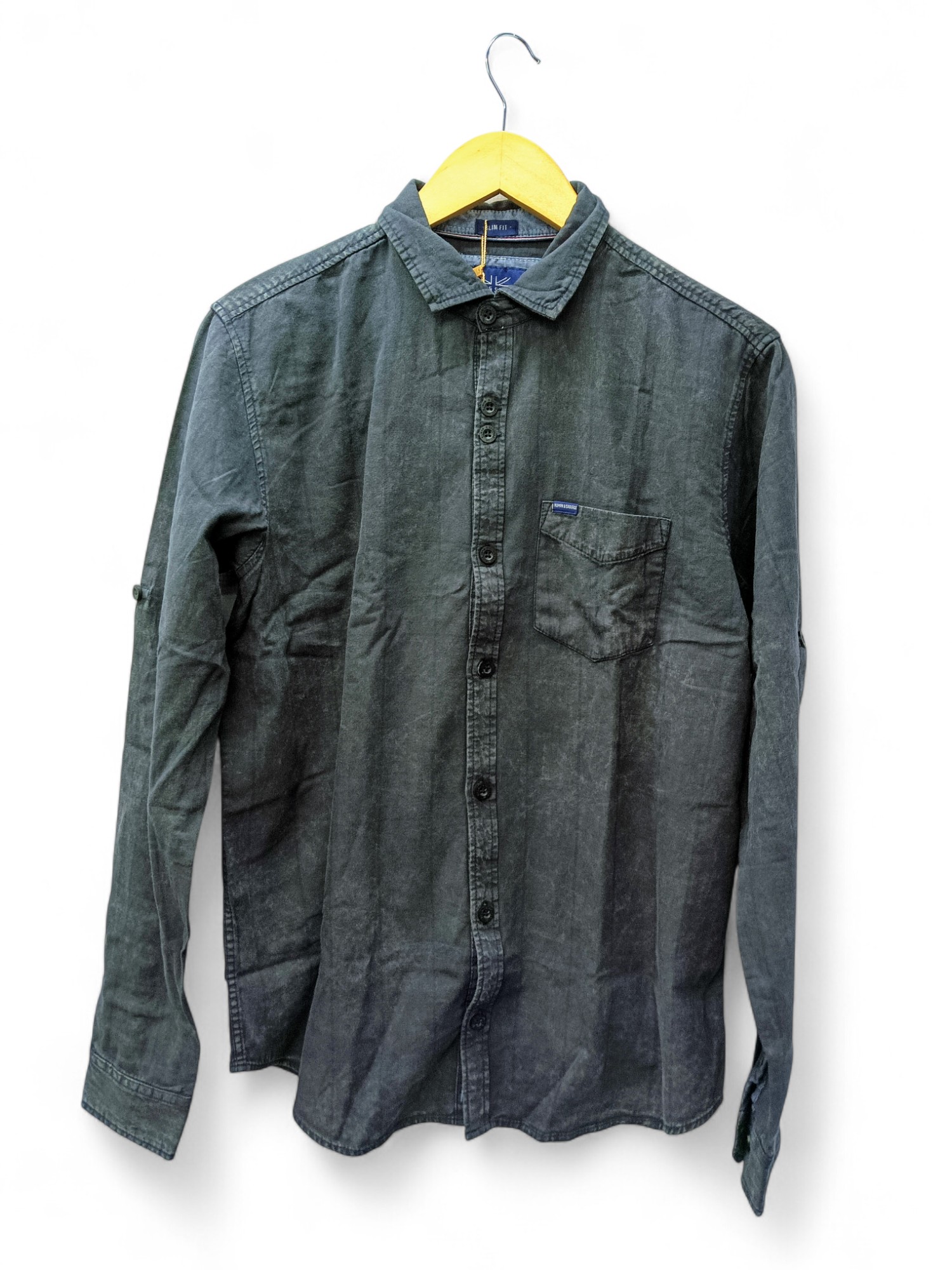 CAMISA MANGA LARGA TALLA L - HUM11 - CUELLO FRANCES - PRELAVADO DISEÑOS - NEGRO CENIZO RAYAS AZUL FINA