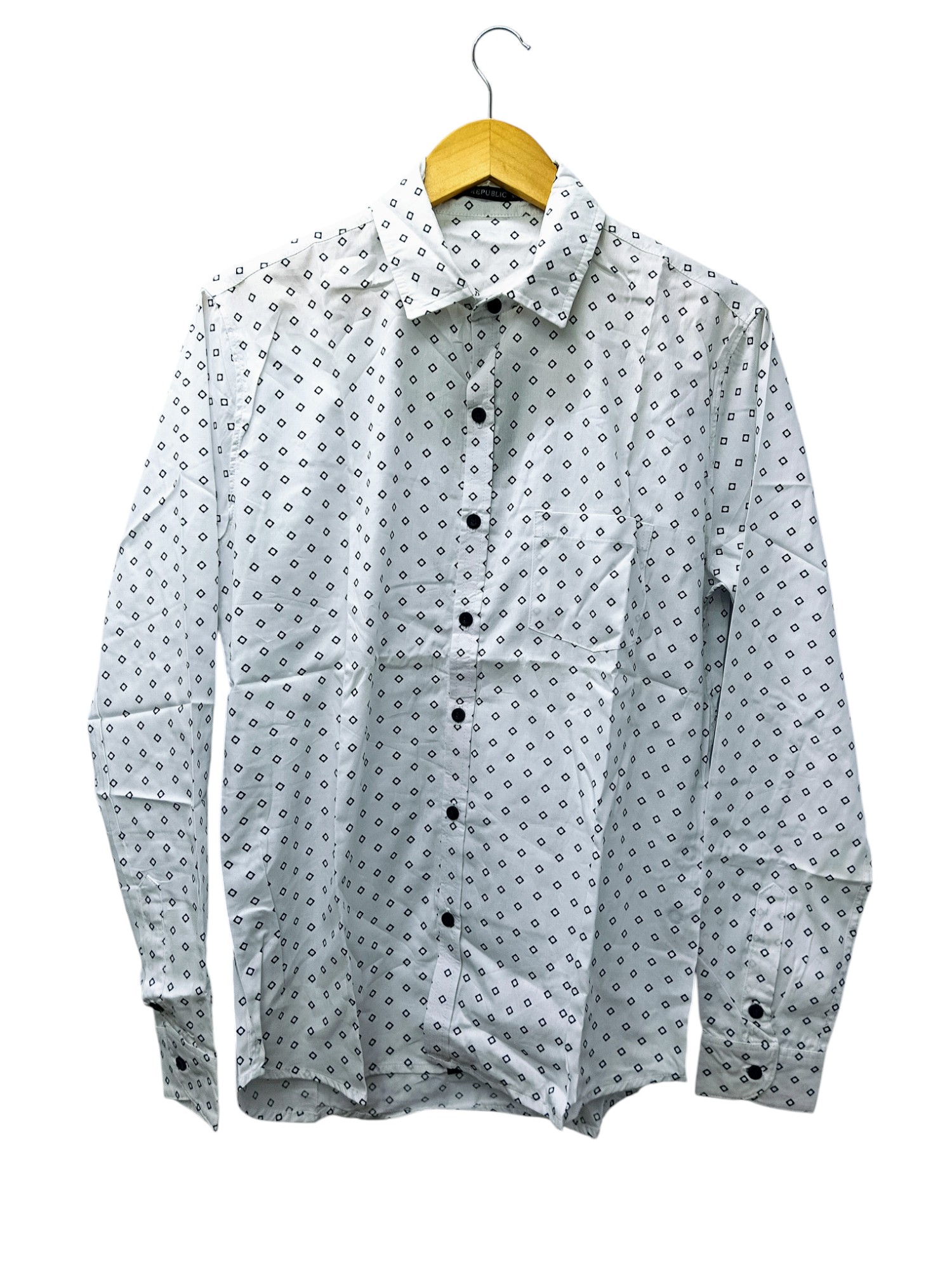 CAMISA MANGA LARGA TALLA L - ROYAL REPUBLIC - CUELLO FRANCES - BLANCA/CUADRITOS AZUL