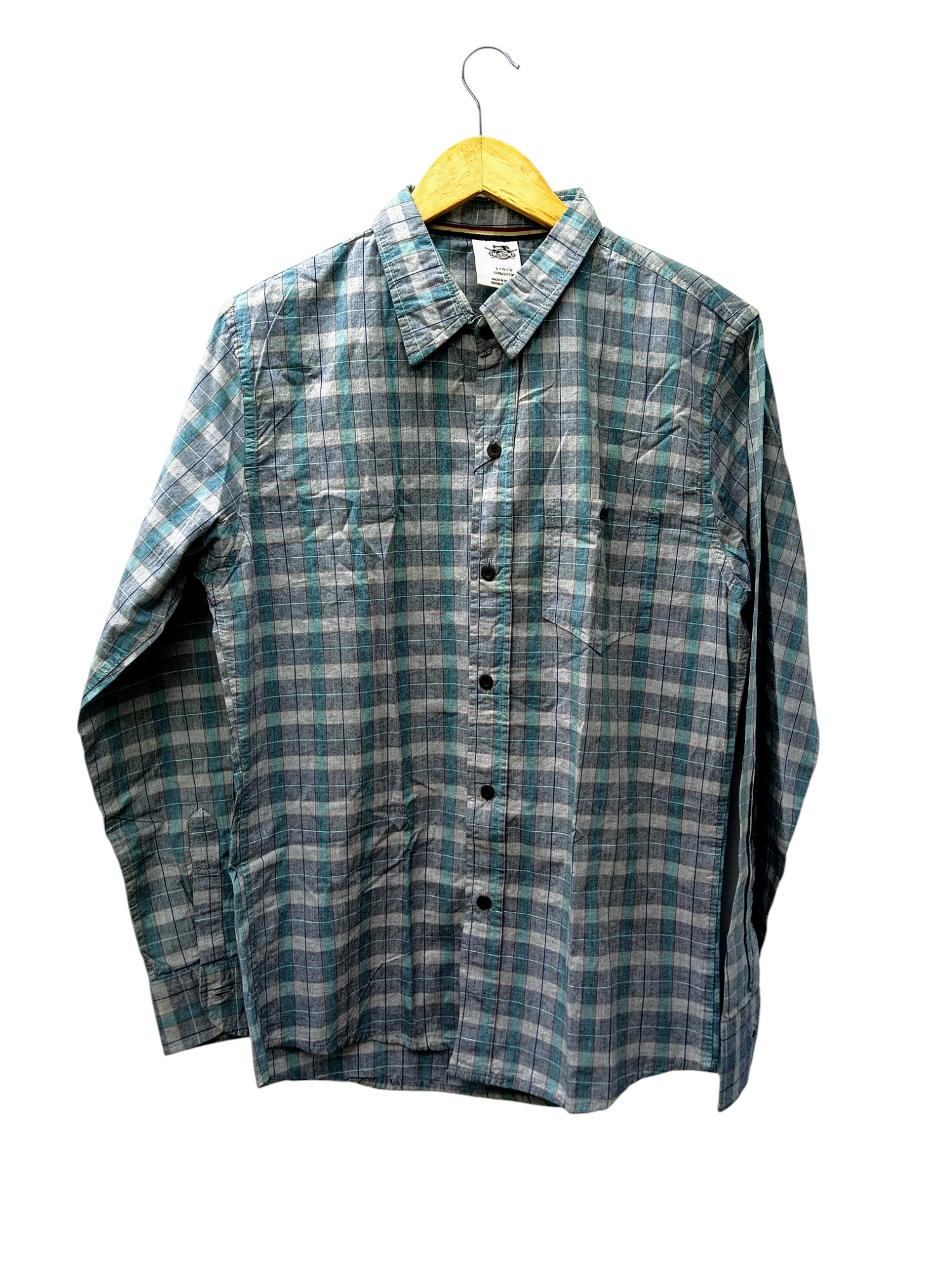 CAMISA MANGA LARGA TALLA L - SAN DIEGO - CUELLO FRANCES - CUADROS/GRIS/TURQUESA