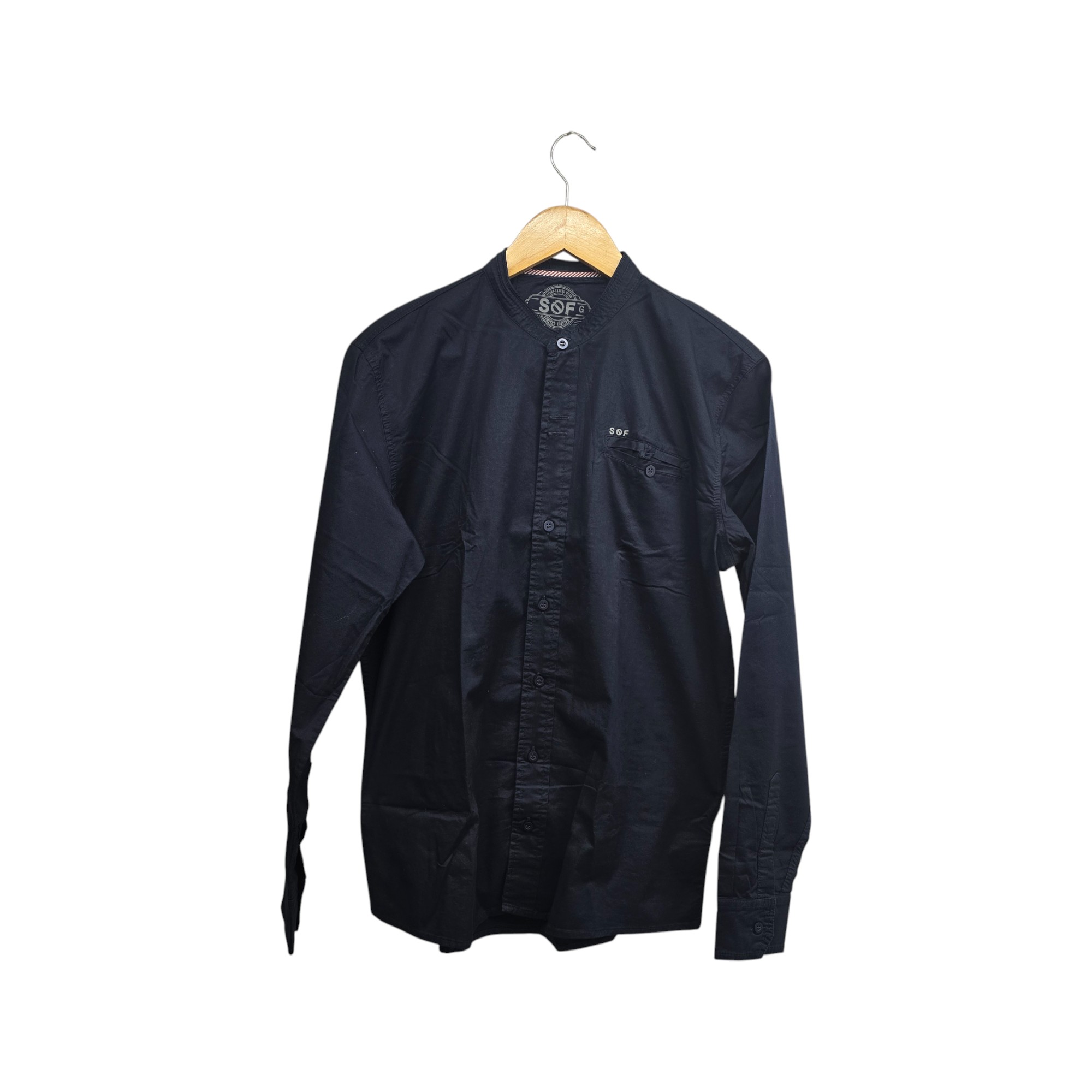 CAMISA MANGA LARGA TALLA L - SF36 - CUELLO CHINO/MAO - AZUL MARINO /BOLSILLO PERDIDO / LETRAS 3D