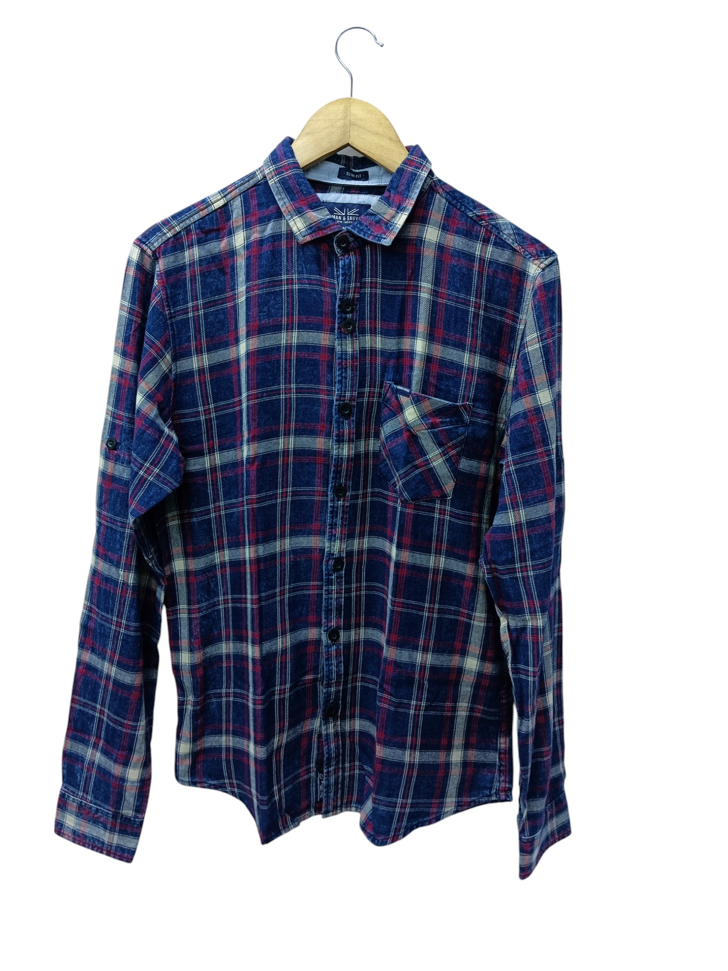 CAMISA MANGA LARGA TALLA M - HUM11 - CUELLO FRANCES/INDIGO PRELAVADO - AZUL/ROJO/BEIGE/TEXTURA SUAVE