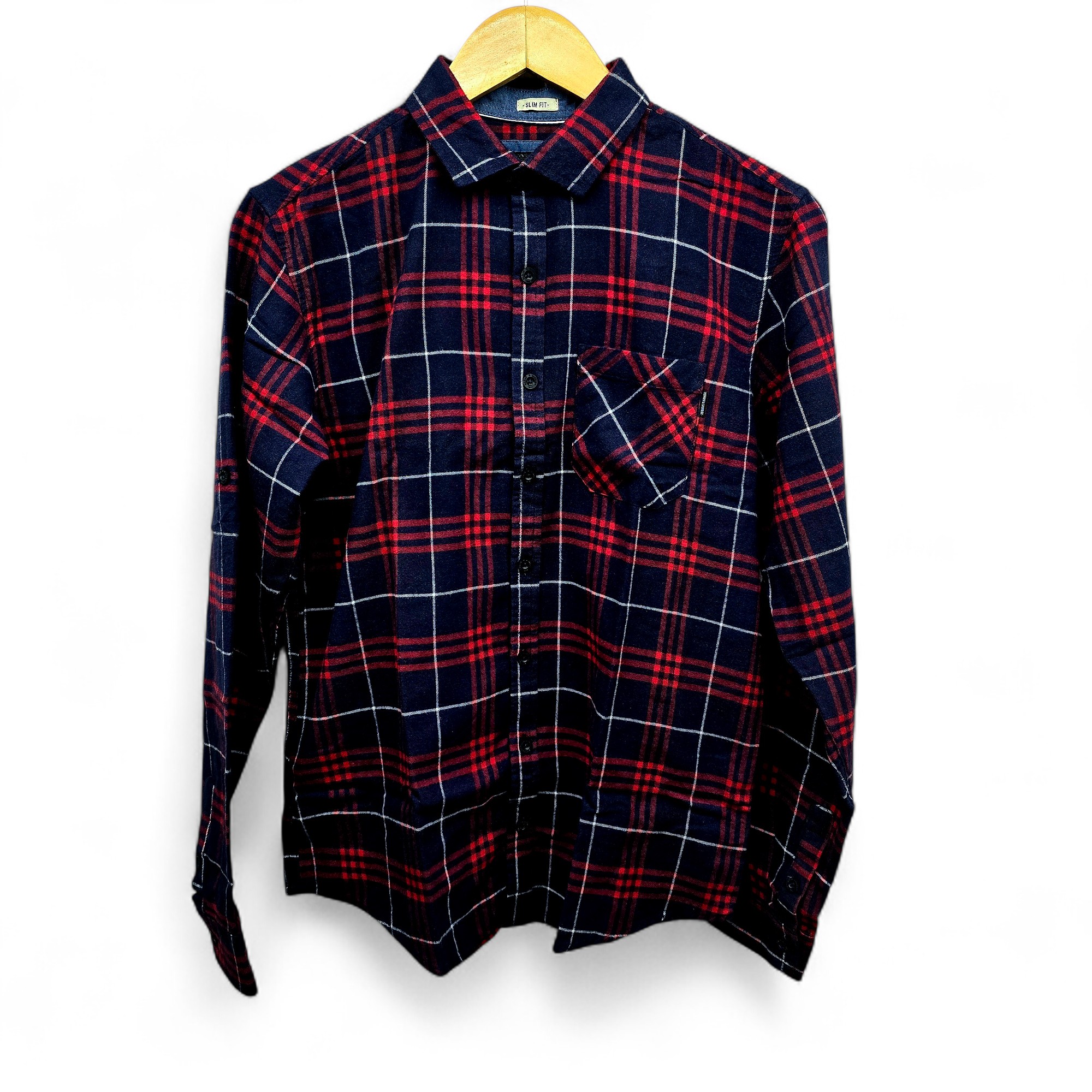 CAMISA MANGA LARGA TALLA M - HUM11 - CUELLO FRANCES/ITELA FRANELA - AZUL MARINO/ROJO
