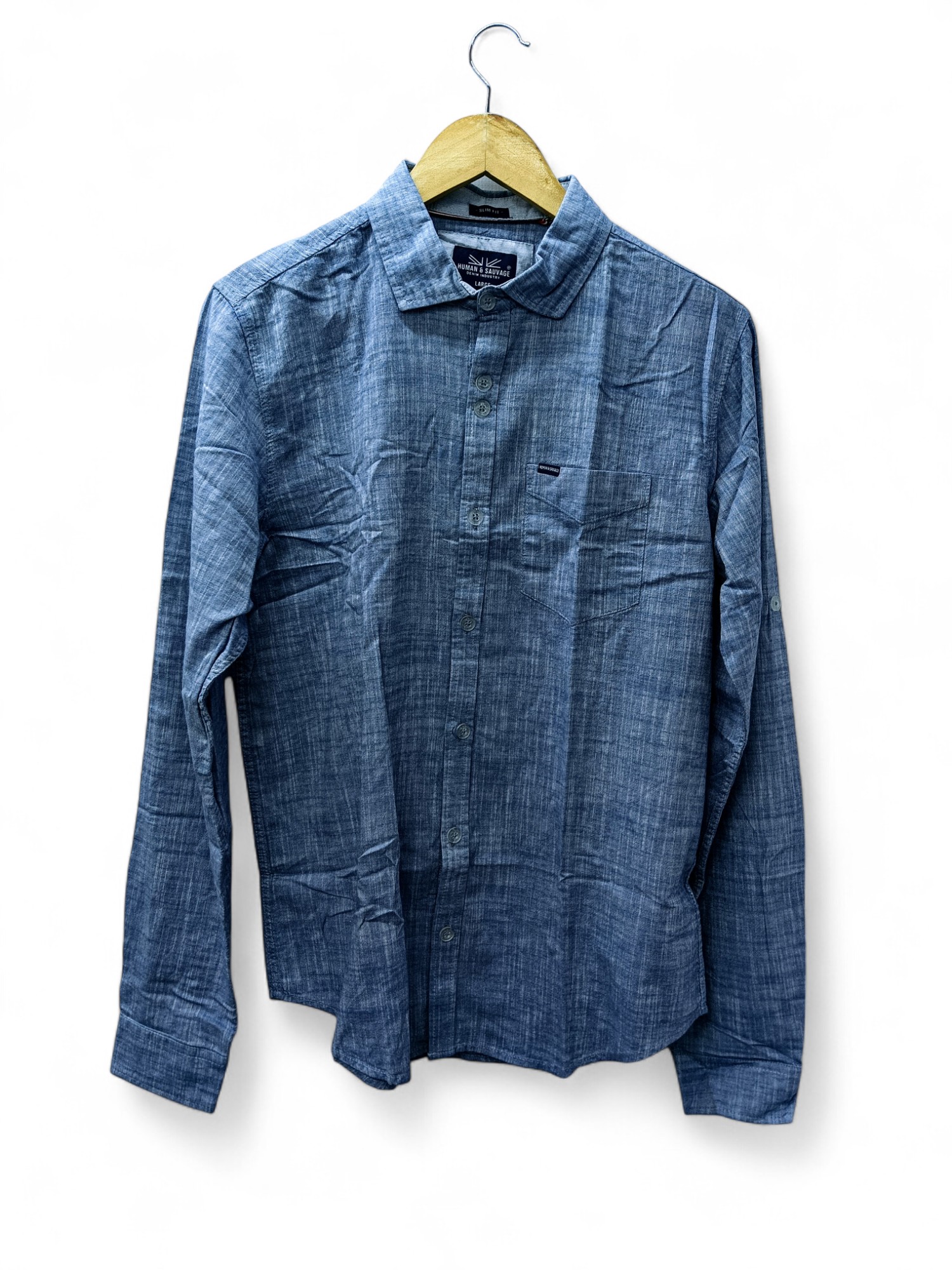 CAMISA MANGA LARGA TALLA M - HUM11 - CUELLO FRANCES - CELESTE JASPEADO
