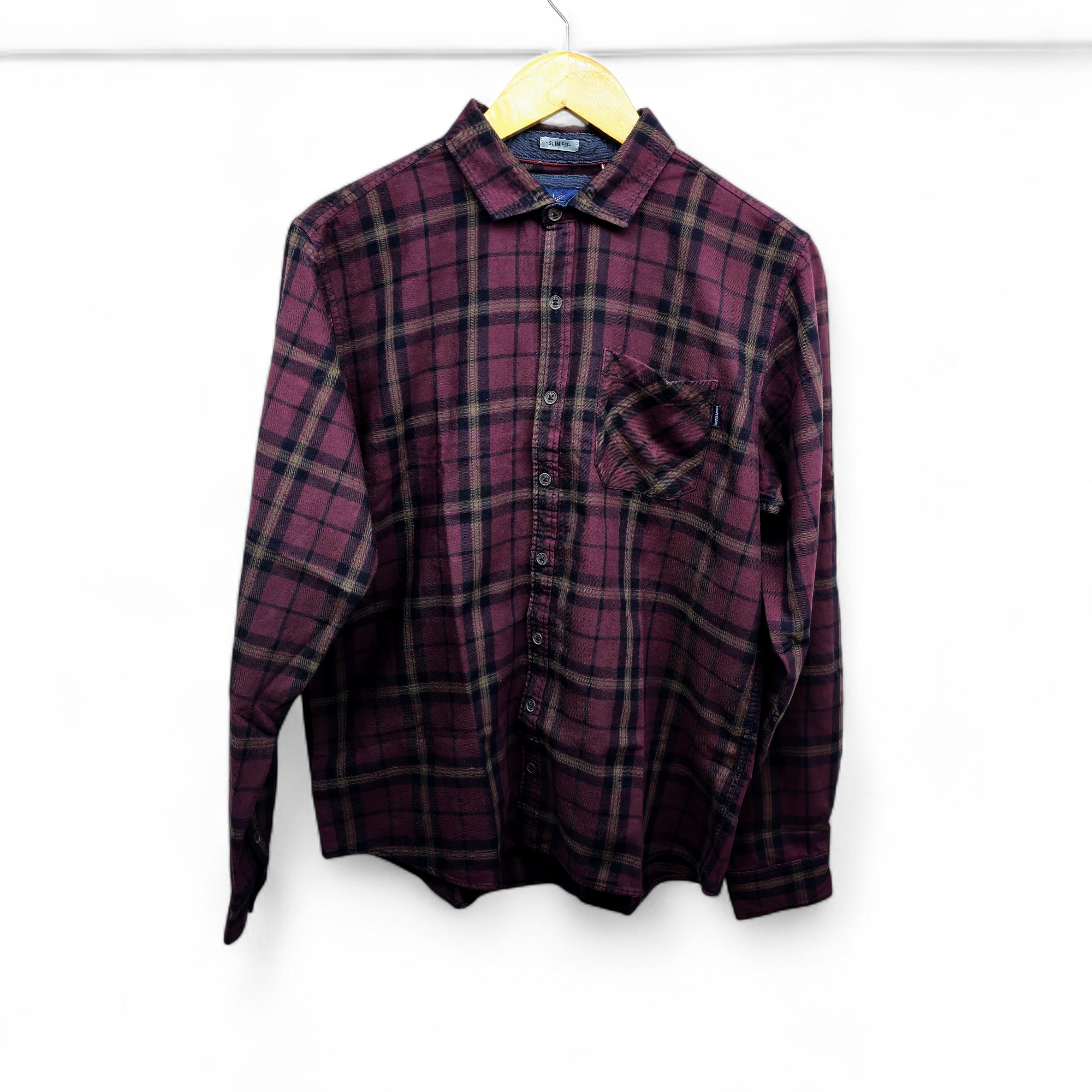 CAMISA MANGA LARGA TALLA M - RF - COD11 - BENZS 7004 (CUADROS) - CUELLO FRANCES BASIC  STYLE - VINO /NEGRO (CUADROS)