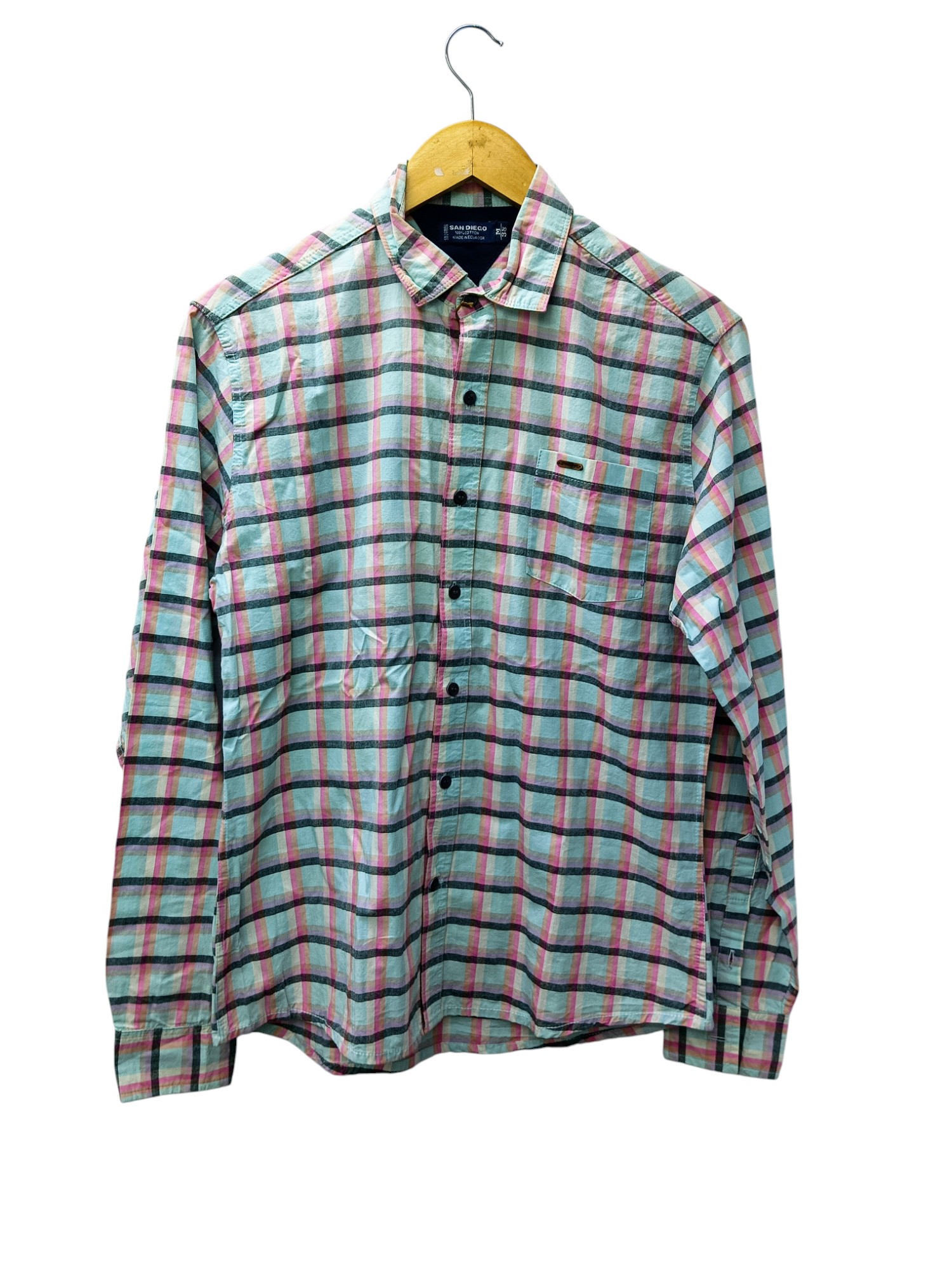 CAMISA MANGA LARGA TALLA M - SAN DIEGO - CUELLO FRANCES - CUADROS ROSA/CELESTE/NEGRO