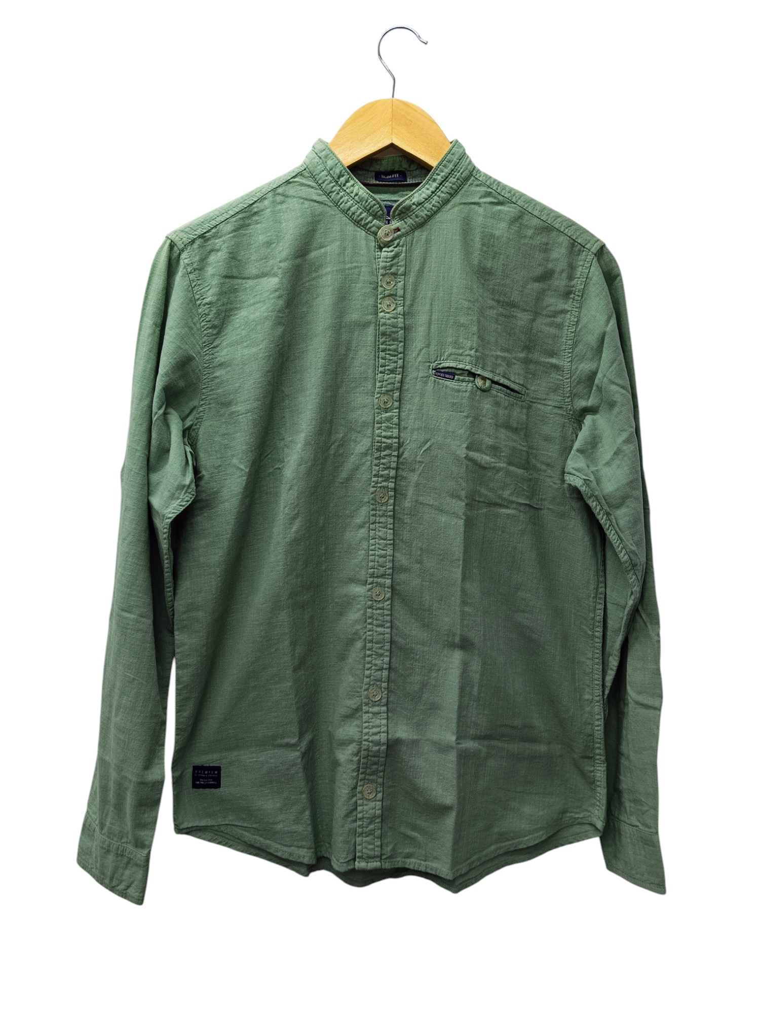 CAMISA MANGA LARGA TALLA S - HUM11 - CUELLO CHINO-MAO - VERDE CEMENTO/BOLSILLO CON BOTON