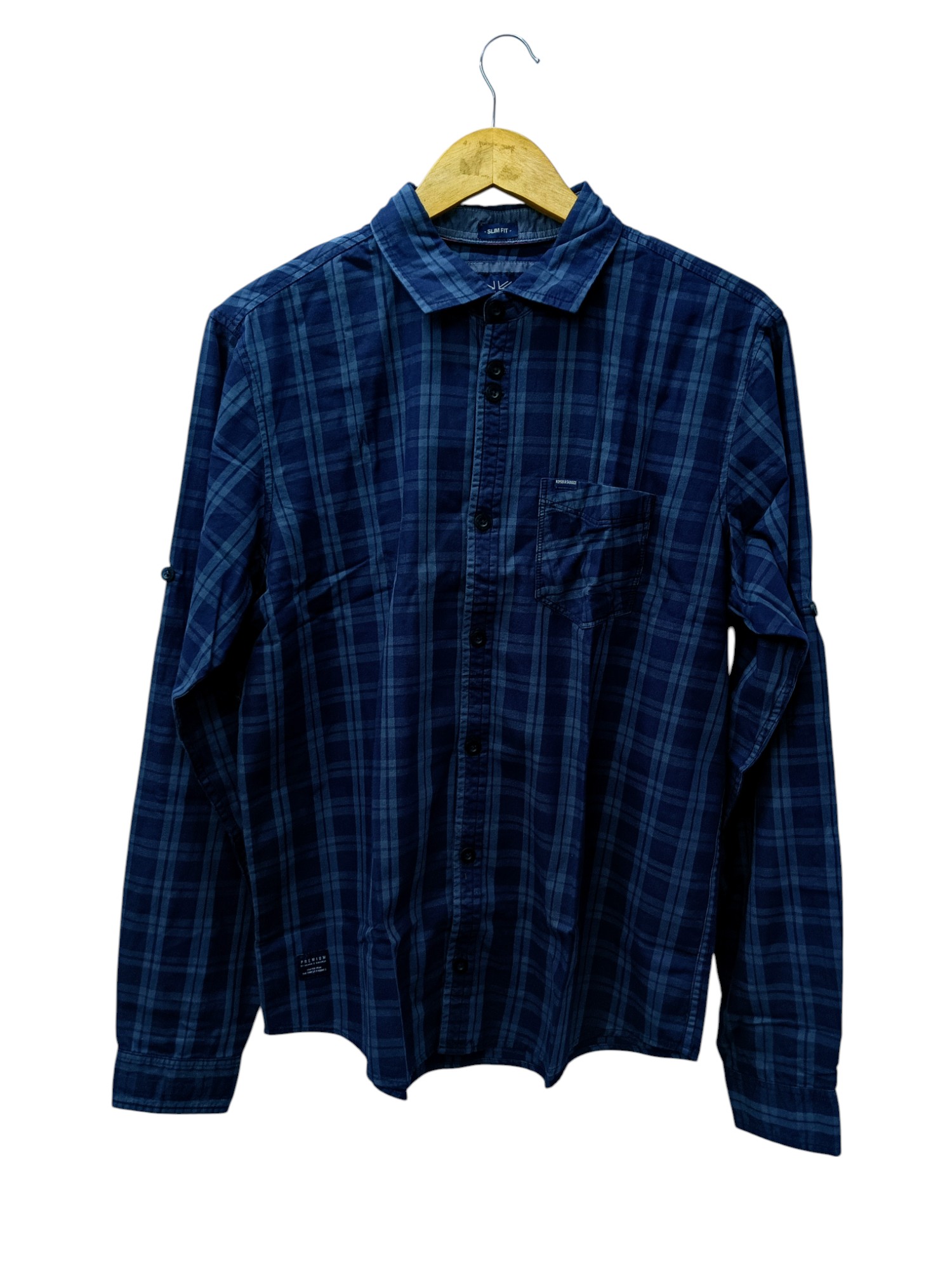 CAMISA MANGA LARGA TALLA S - HUM11 - CUELLO FRANCES - AZUL OSCURO/GRIS/LINEAS