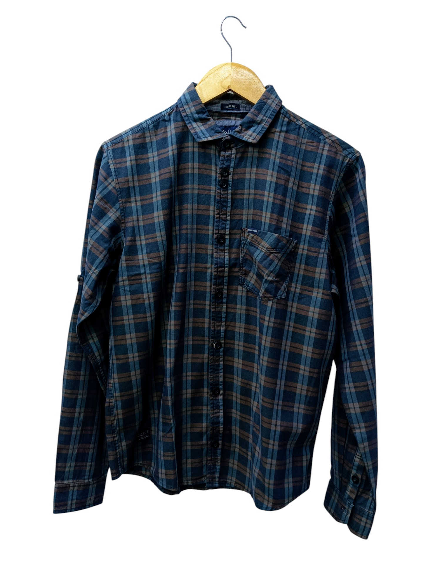 CAMISA MANGA LARGA TALLA S - HUM11 - CUELLO FRANCES - AZUL OSCURO/NARANJA/RAYAS